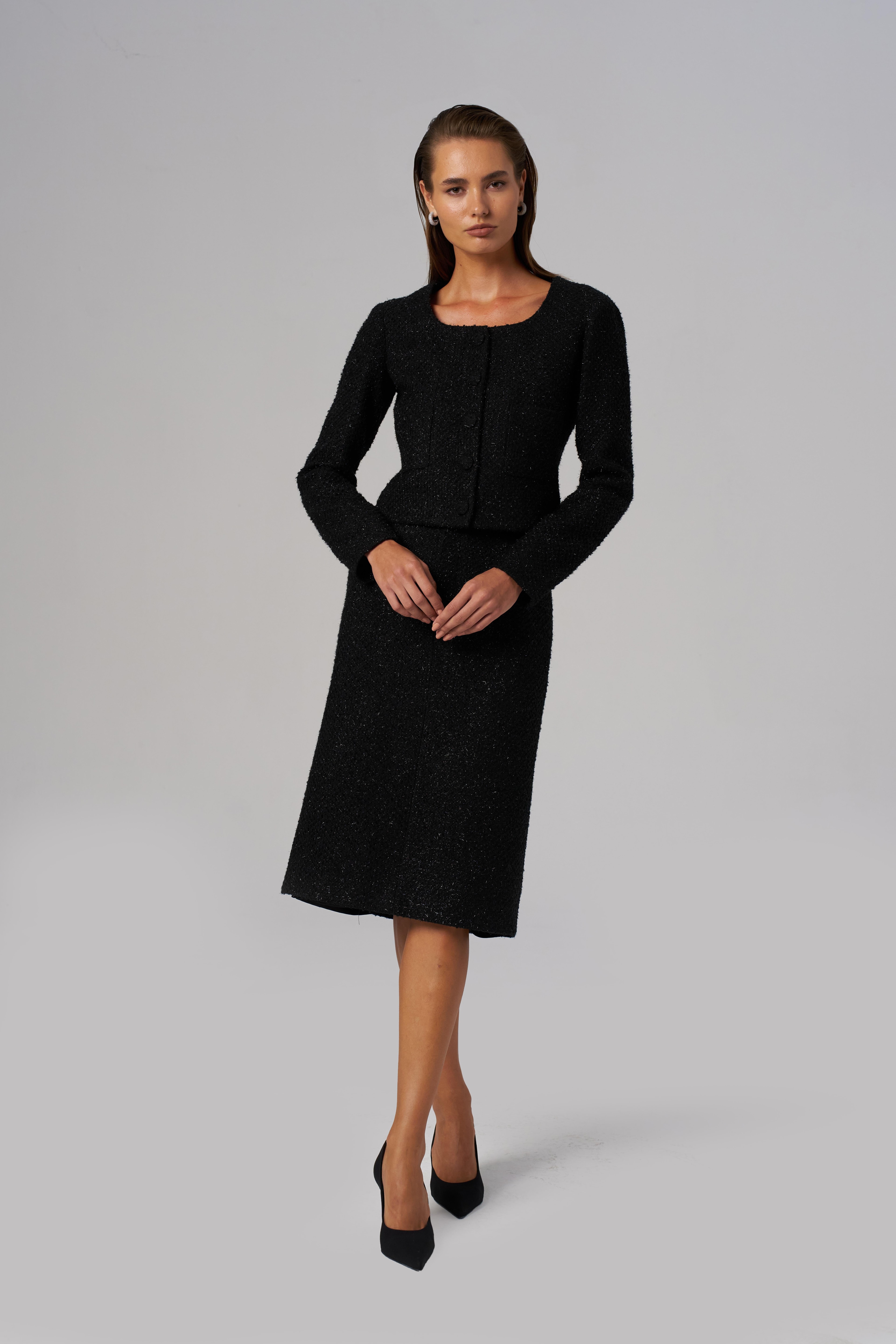 U Neck Fit Form Black Tweed Jacket