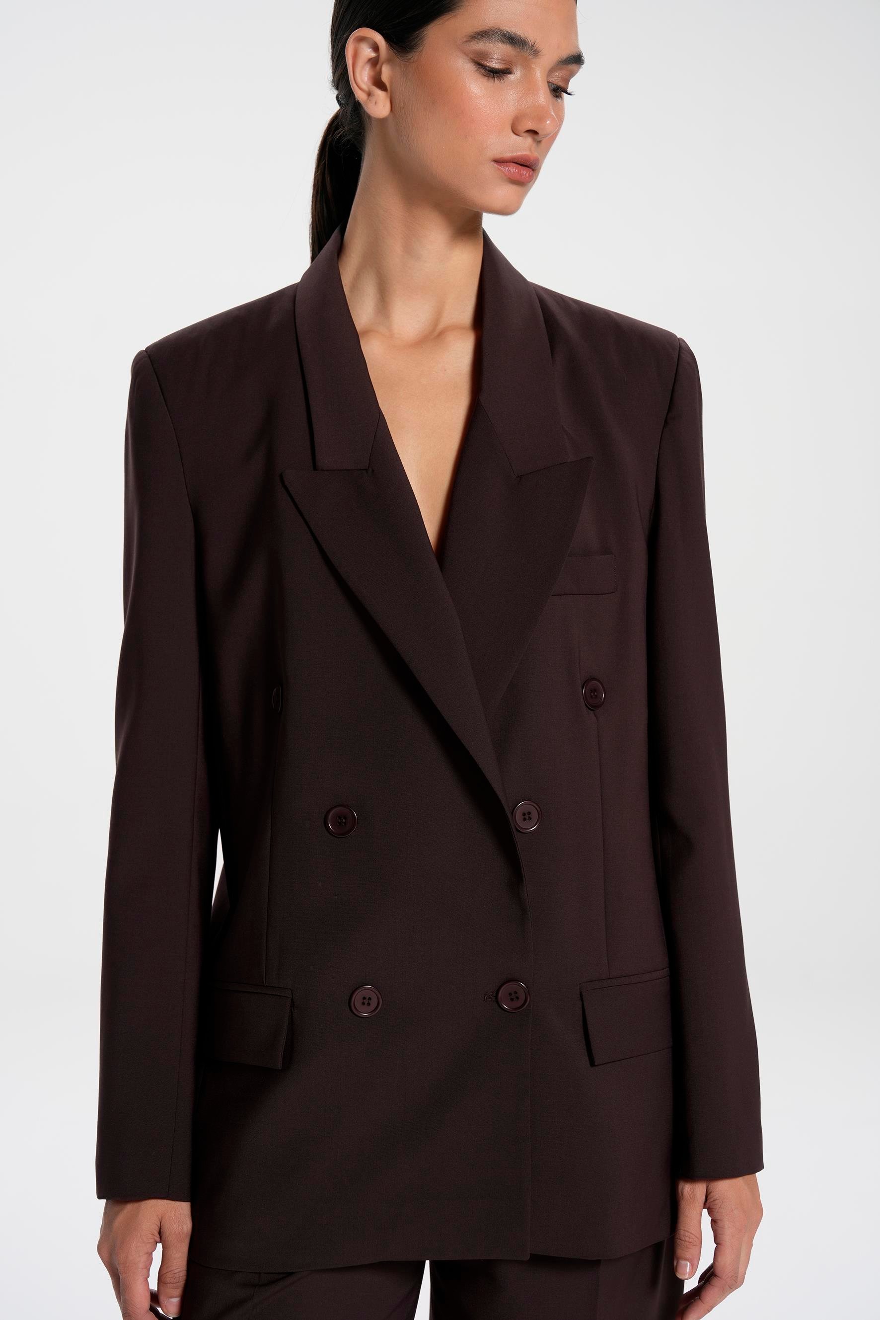 Brown Square Shouldered Double Breasted Wool Blend Blazer