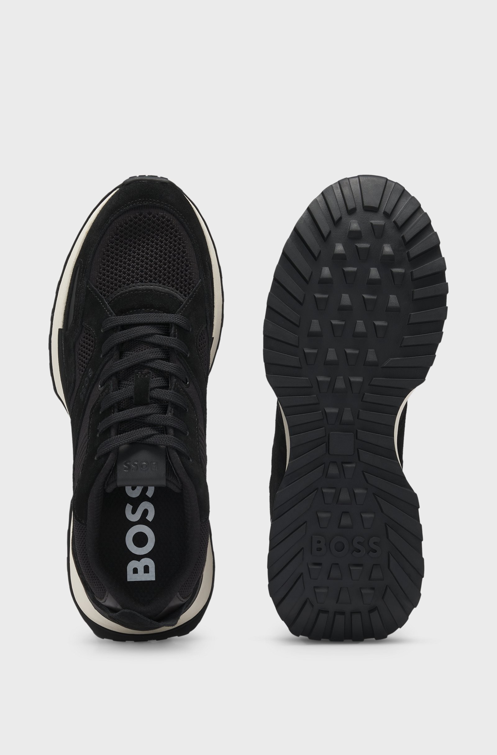 Boss Black Knit and Burnished Leather Trainers 1027175201