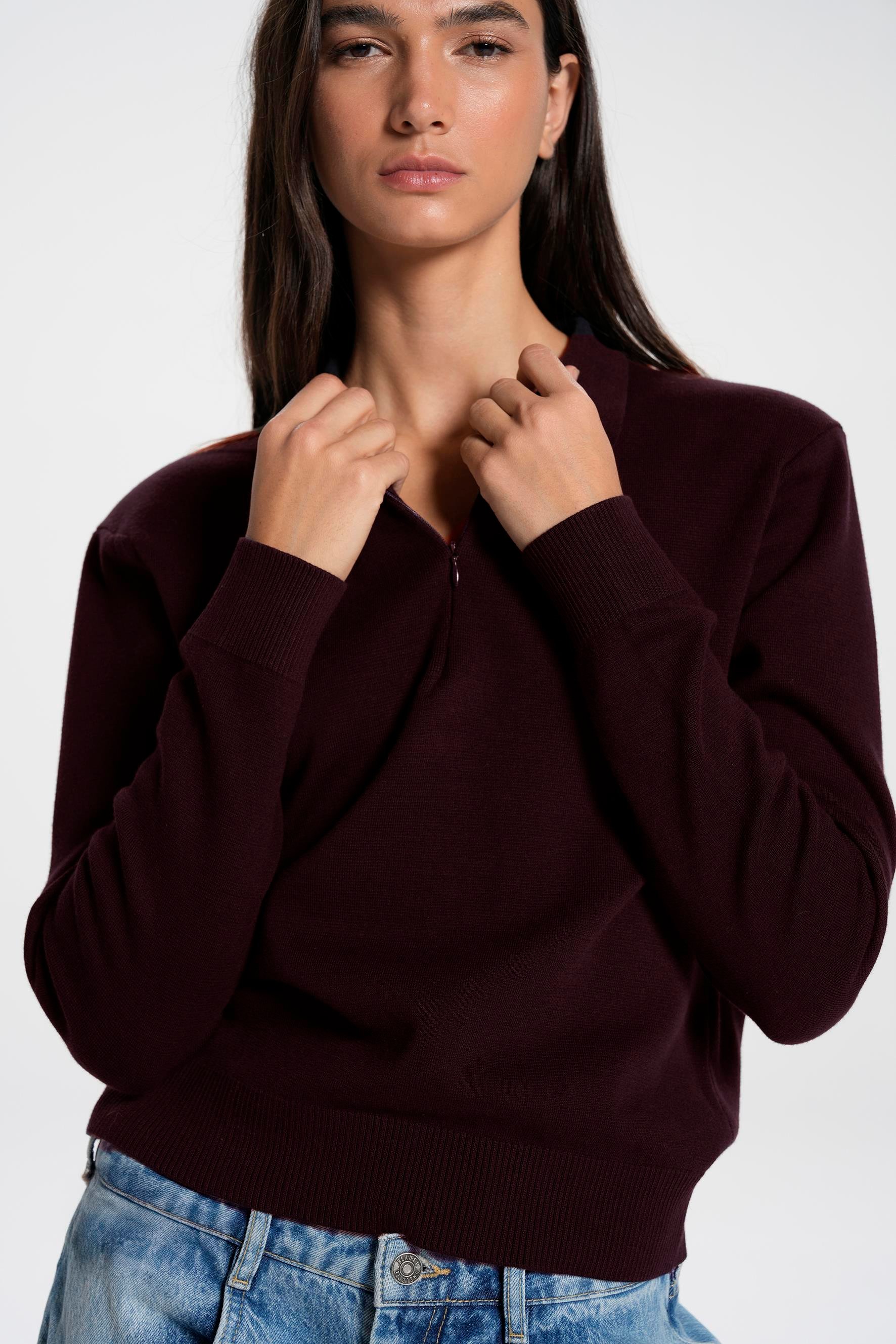 Zipped Cotton Polo Neck Jumper  