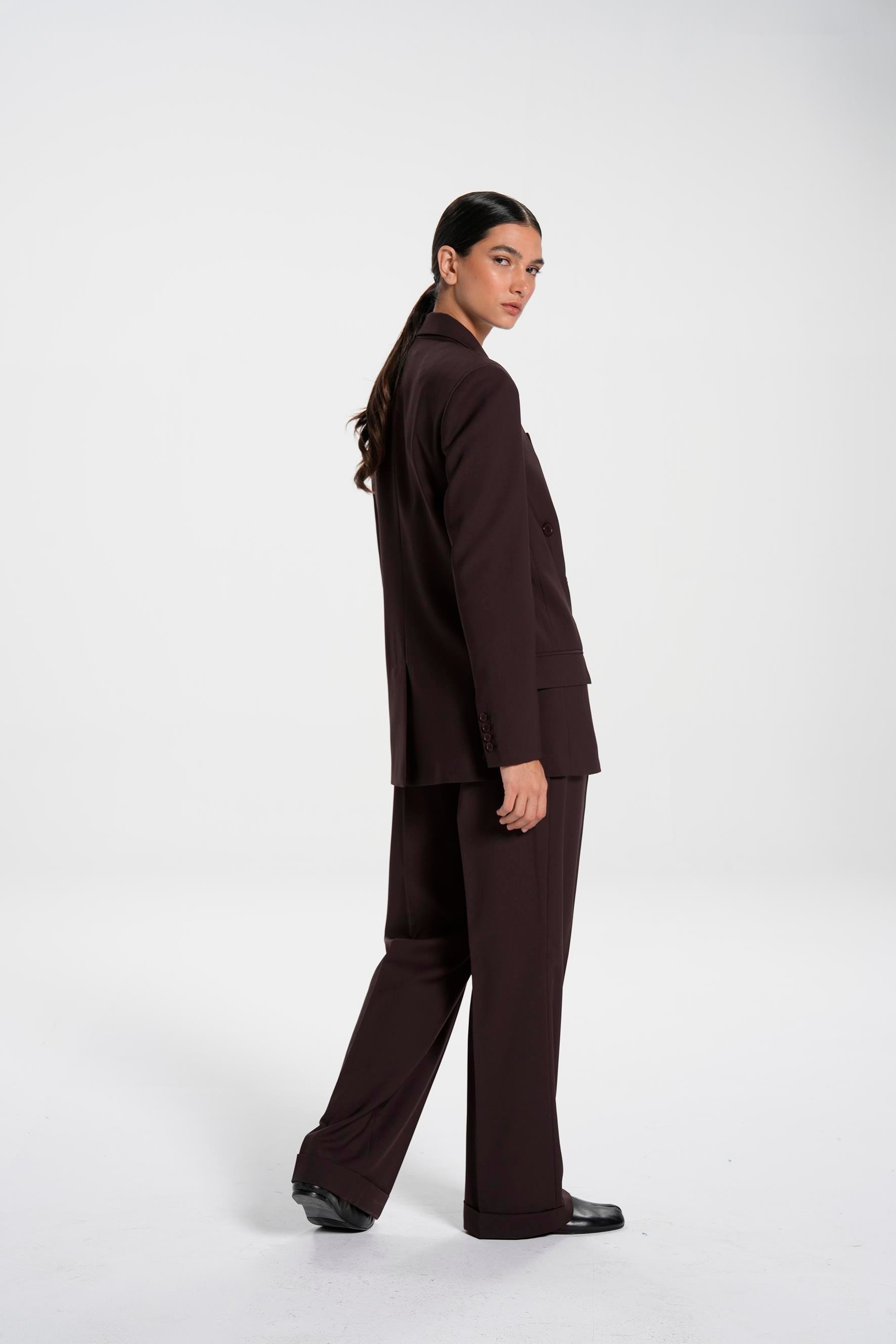 Brown Square Shouldered Double Breasted Wool Blend Blazer