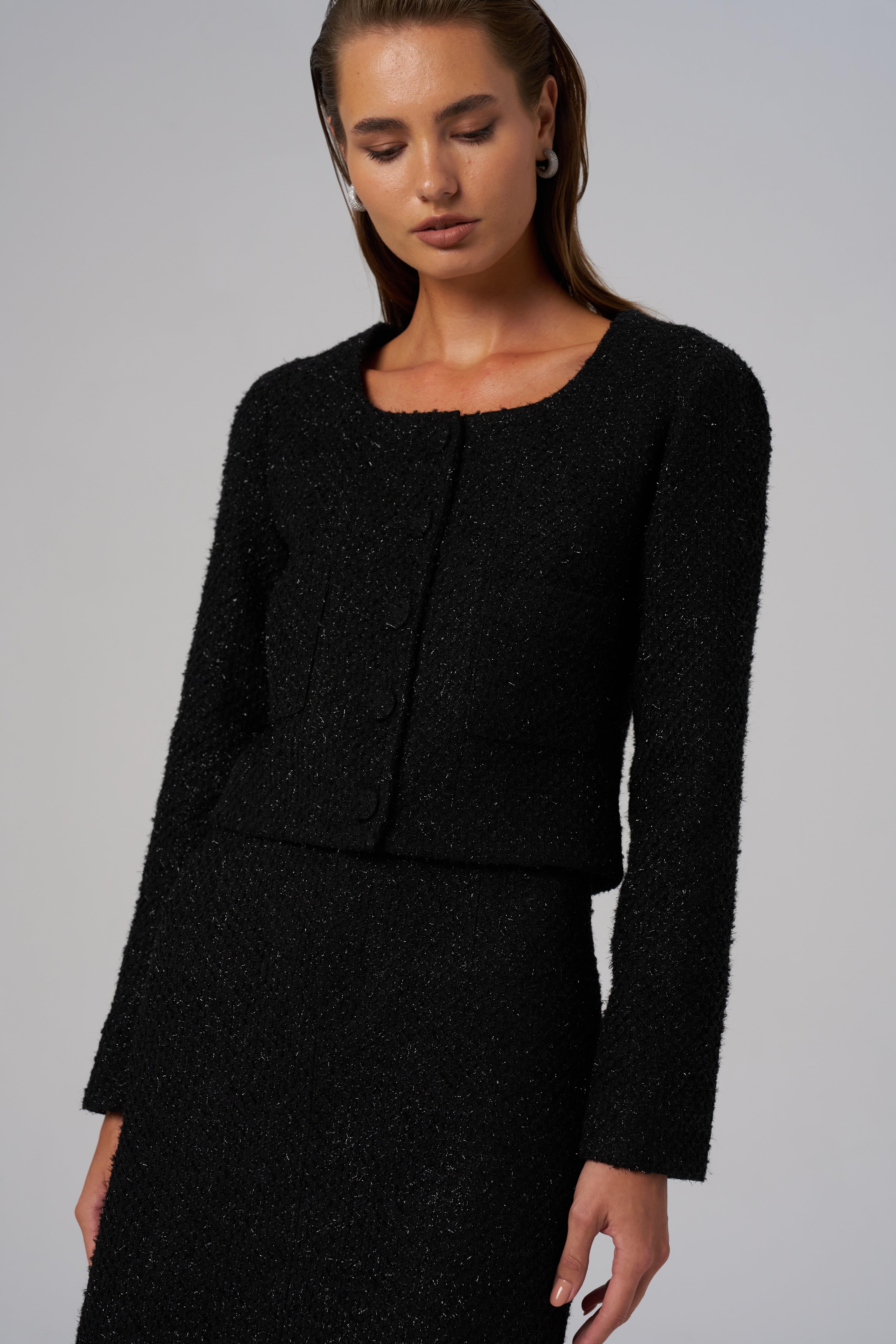 U Neck Fit Form Black Tweed Jacket