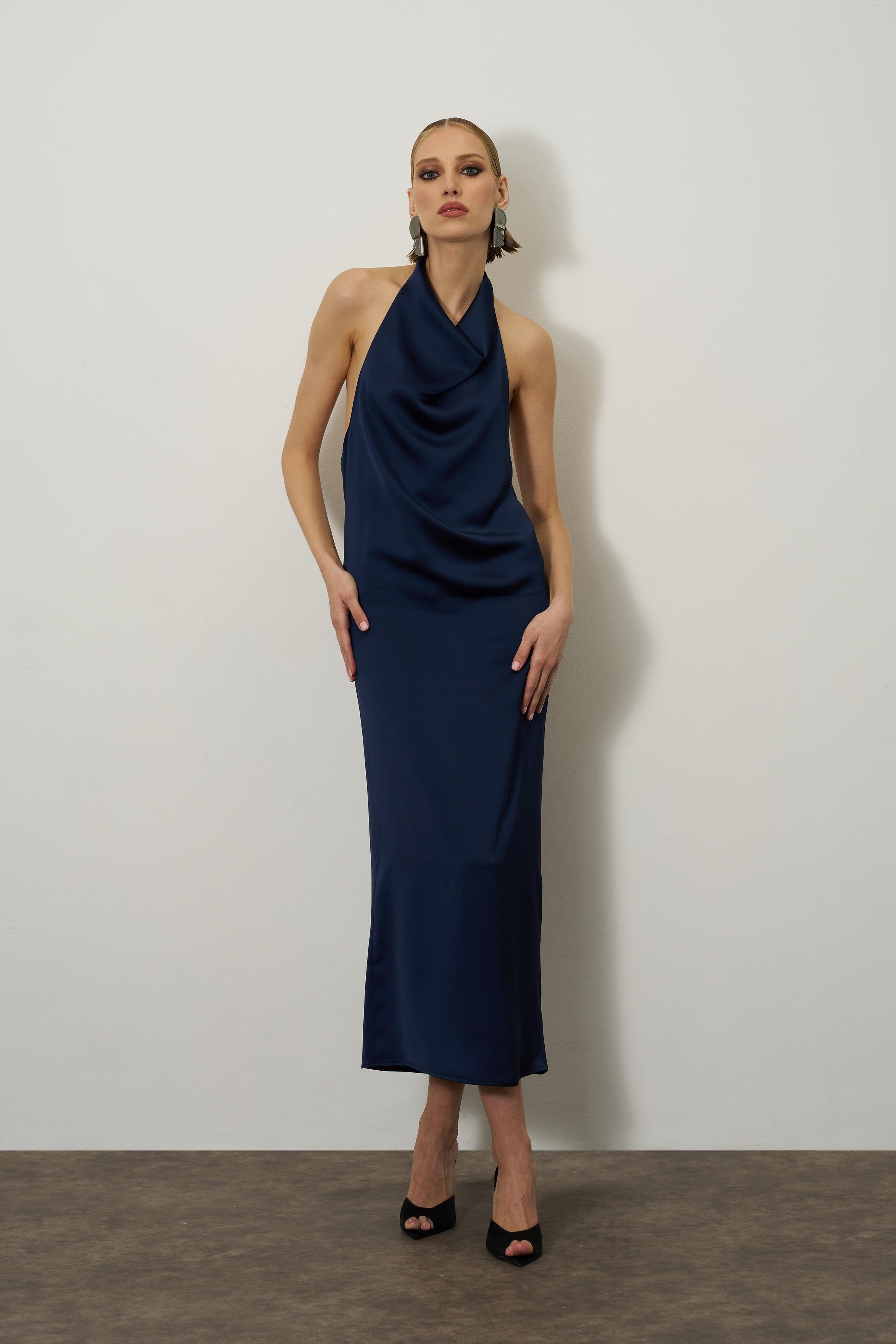 Navy Blue Cowl Neck U Dres