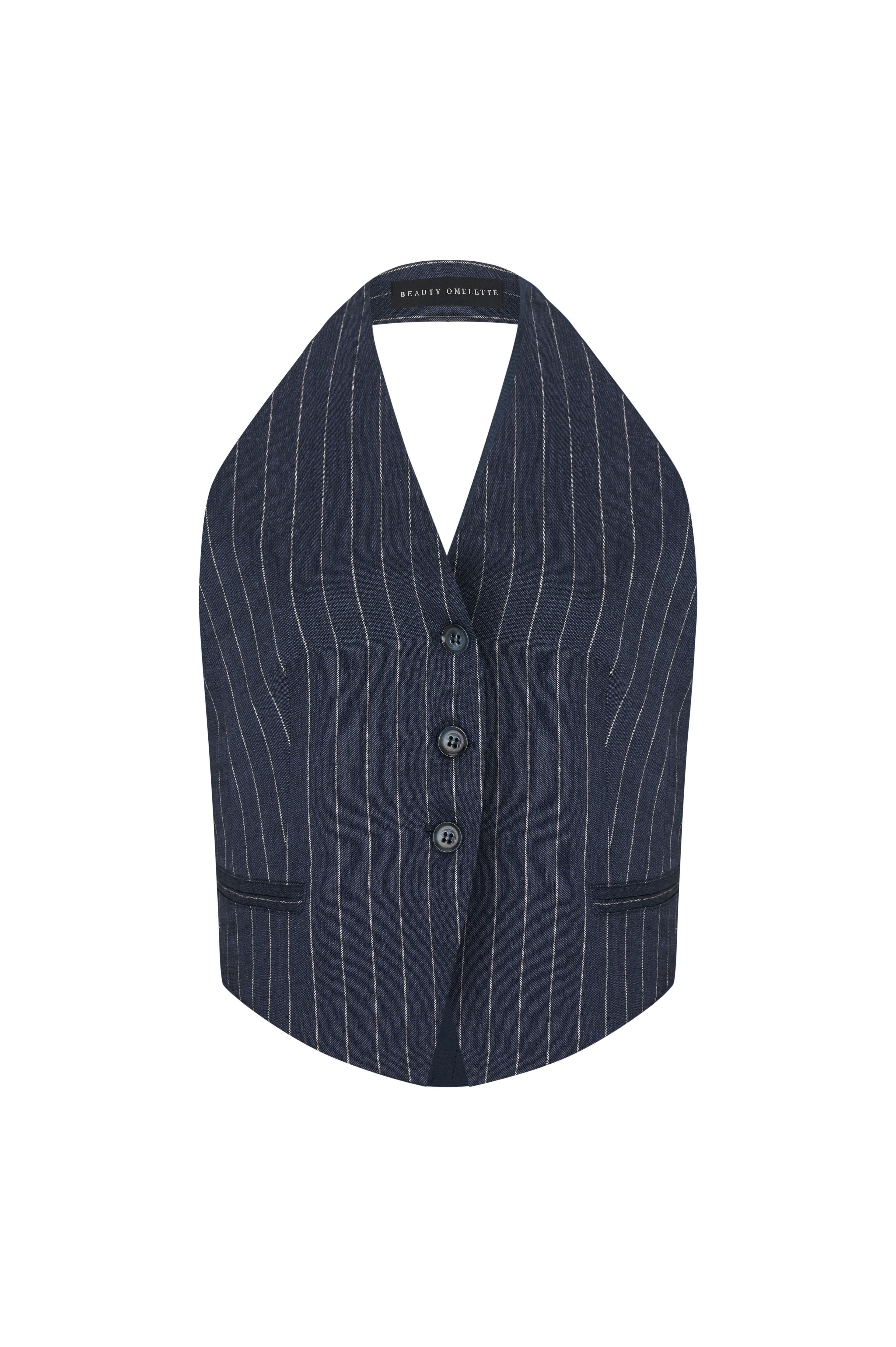Striped Linen Vest - Navy Blue