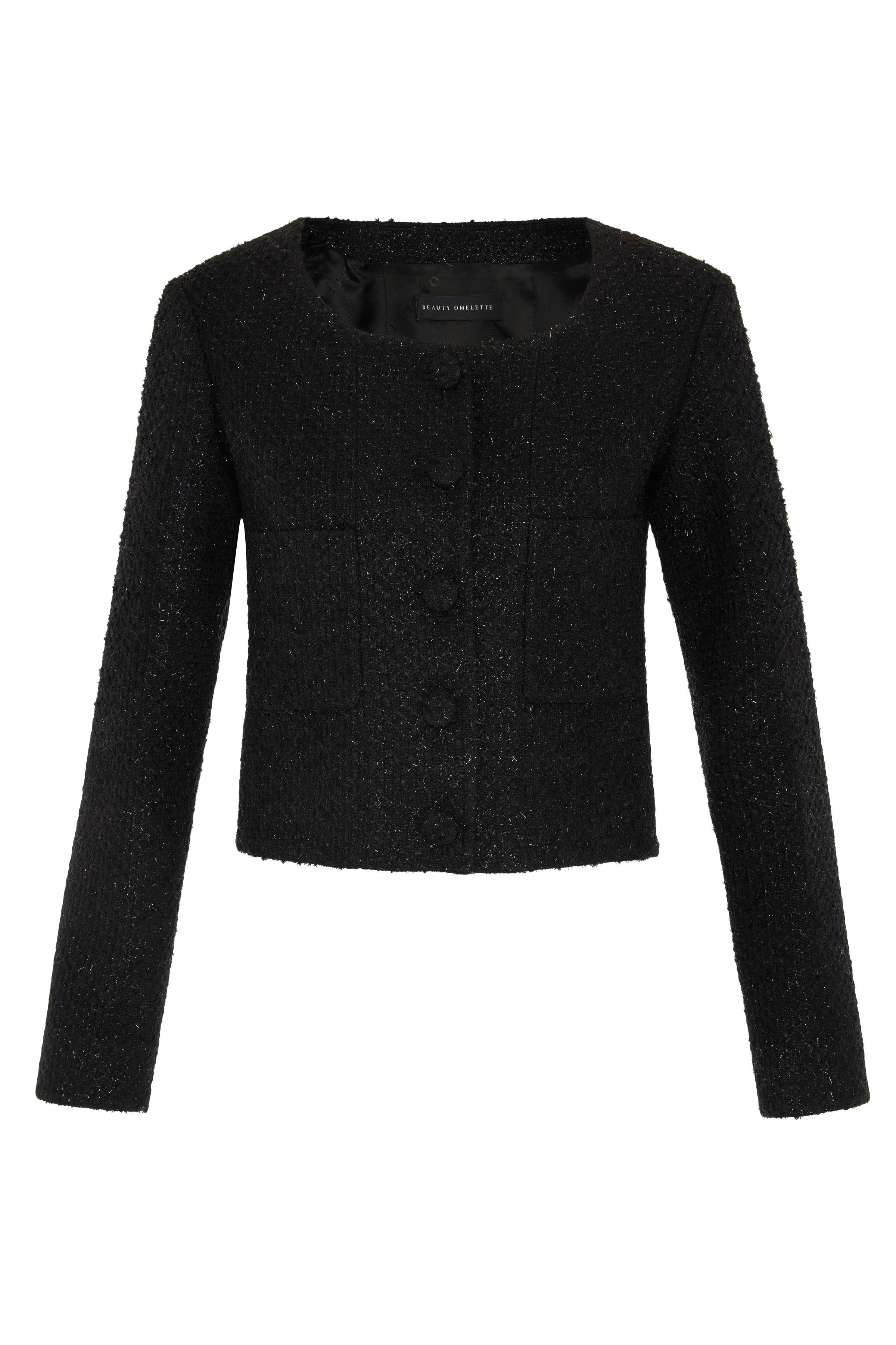 U Neck Fit Form Black Tweed Jacket