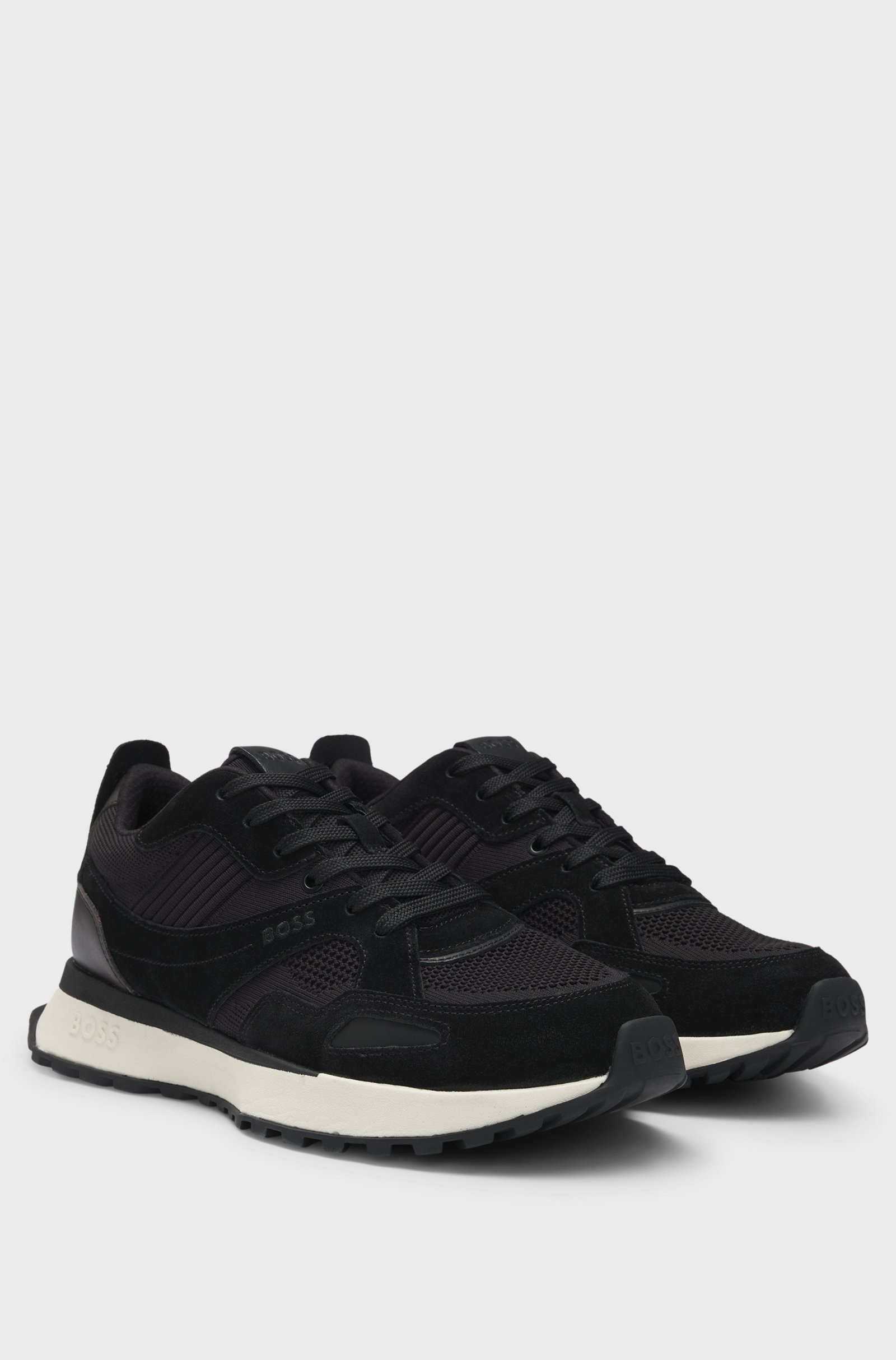 Boss Black Knit and Burnished Leather Trainers 1027175201
