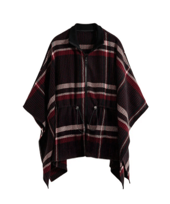 Aldama Dark Red Check Pancho