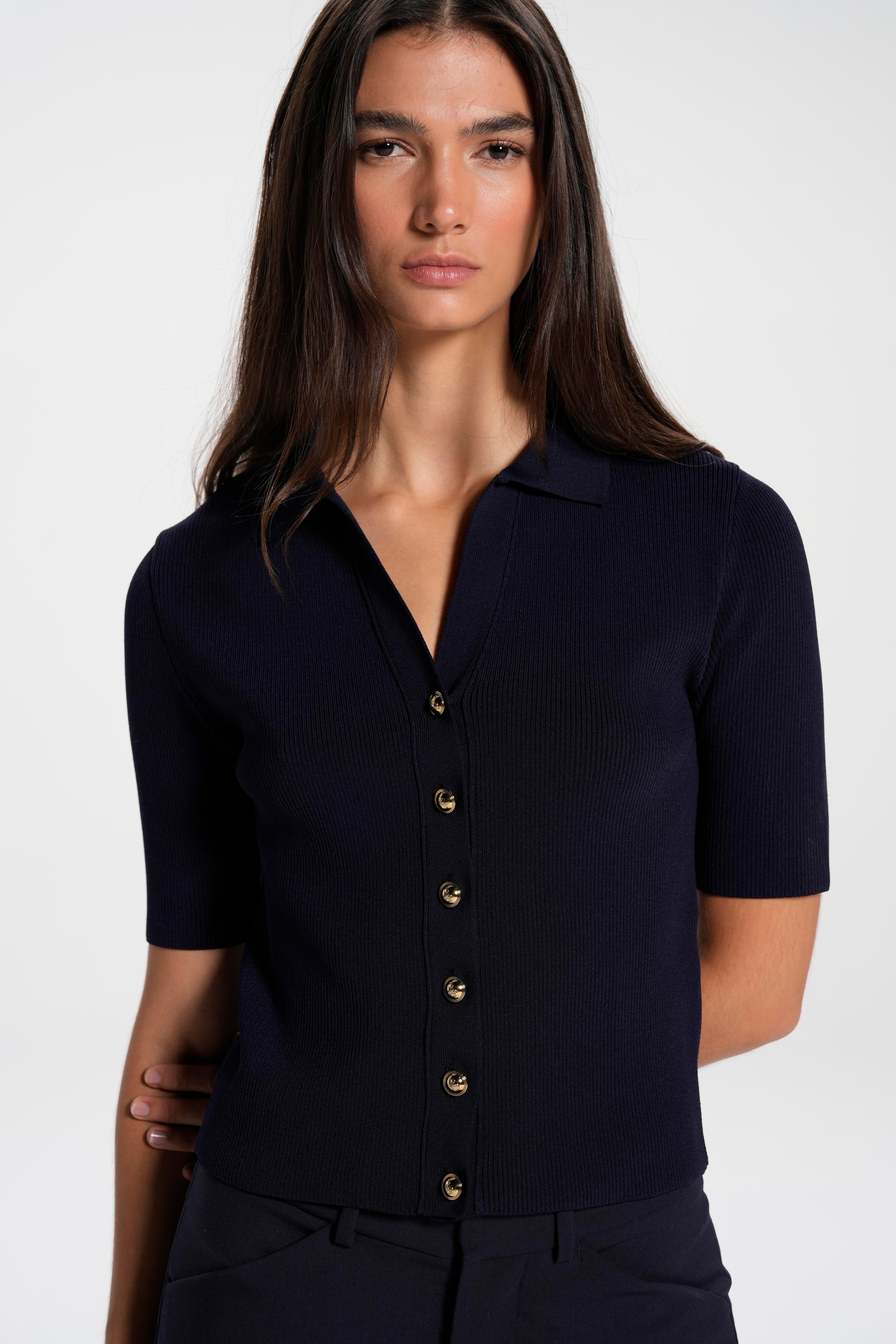 Short Sleeve Buttoned Shirt Knitwear  - Navy
