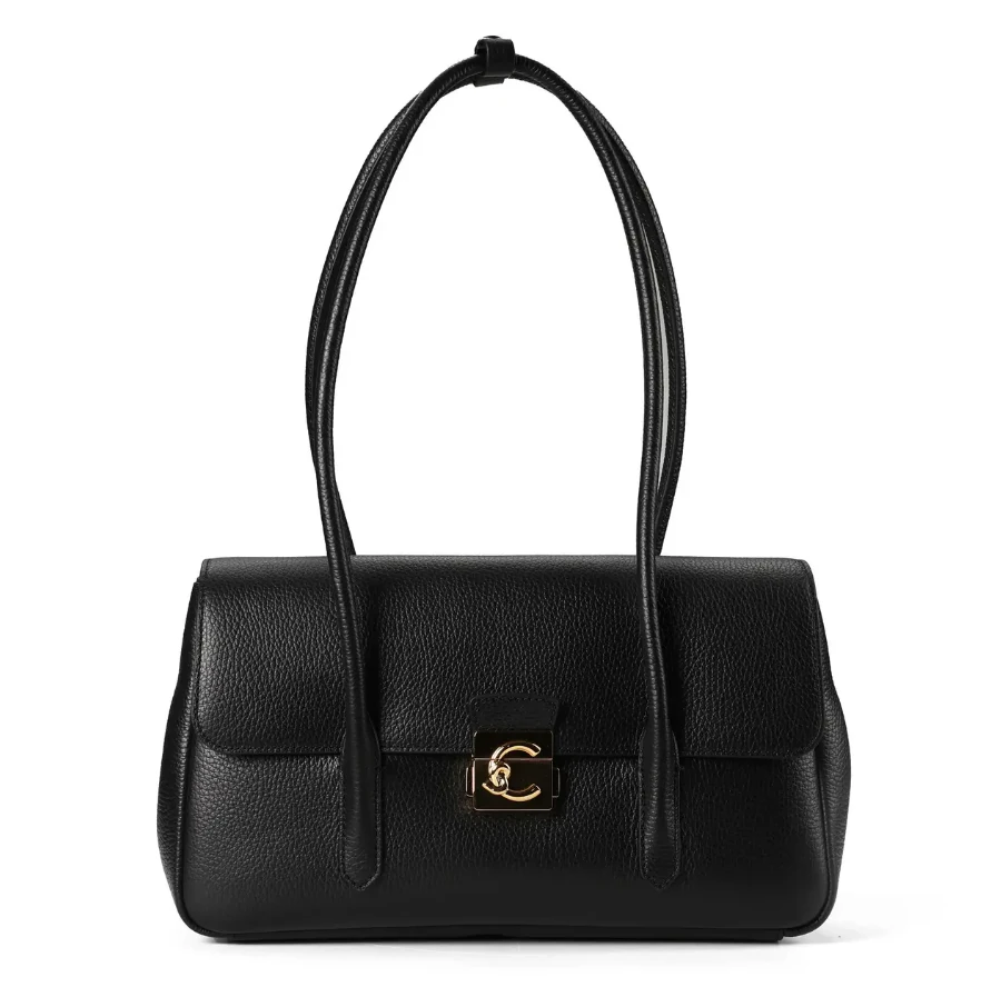 C-Me Lock Black Leather Shoulder Bag E1U4K120301