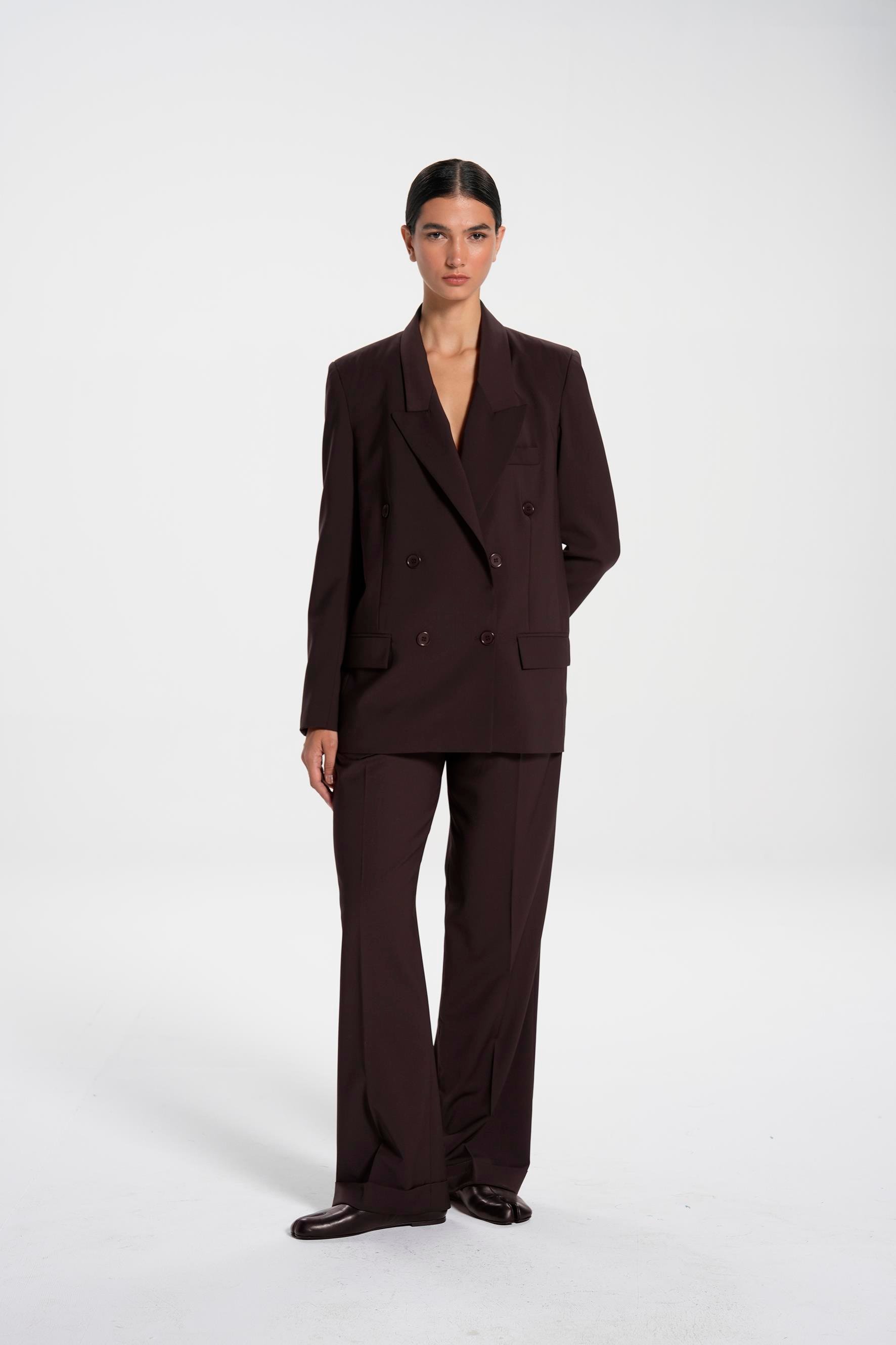 Brown Square Shouldered Double Breasted Wool Blend Blazer