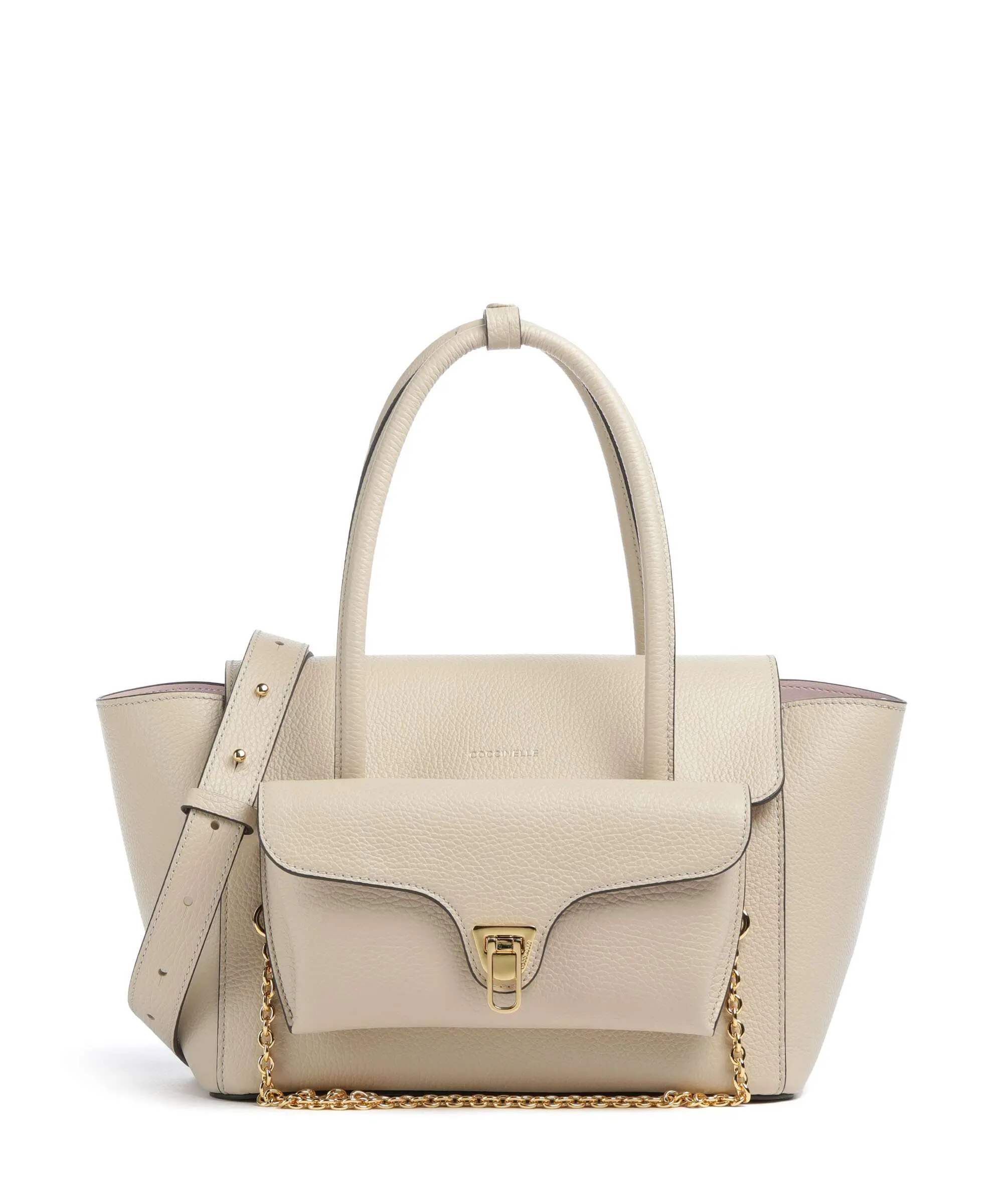 Double Beat Beige Leather Shoulder Bag E1T8A180201