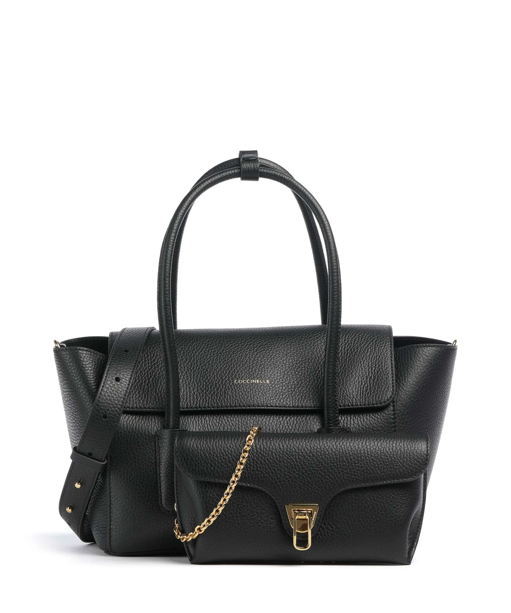 Double Beat Top Handle Black Leather Shoulder Bag E1T8A180201