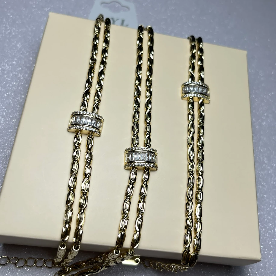 BAGET TAŞ DETAYLI ÇİFT ZİNCİR 14K TASARIM BİLEKLİK