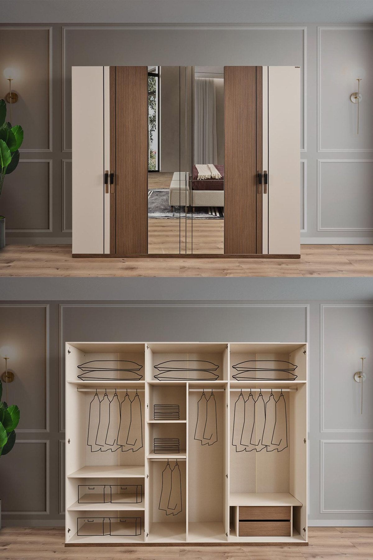 Viva Gardırop 6 Kapaklı Dolap Elbise Dolabı Gold Yatak Odası Modern Aynalı Gardırop