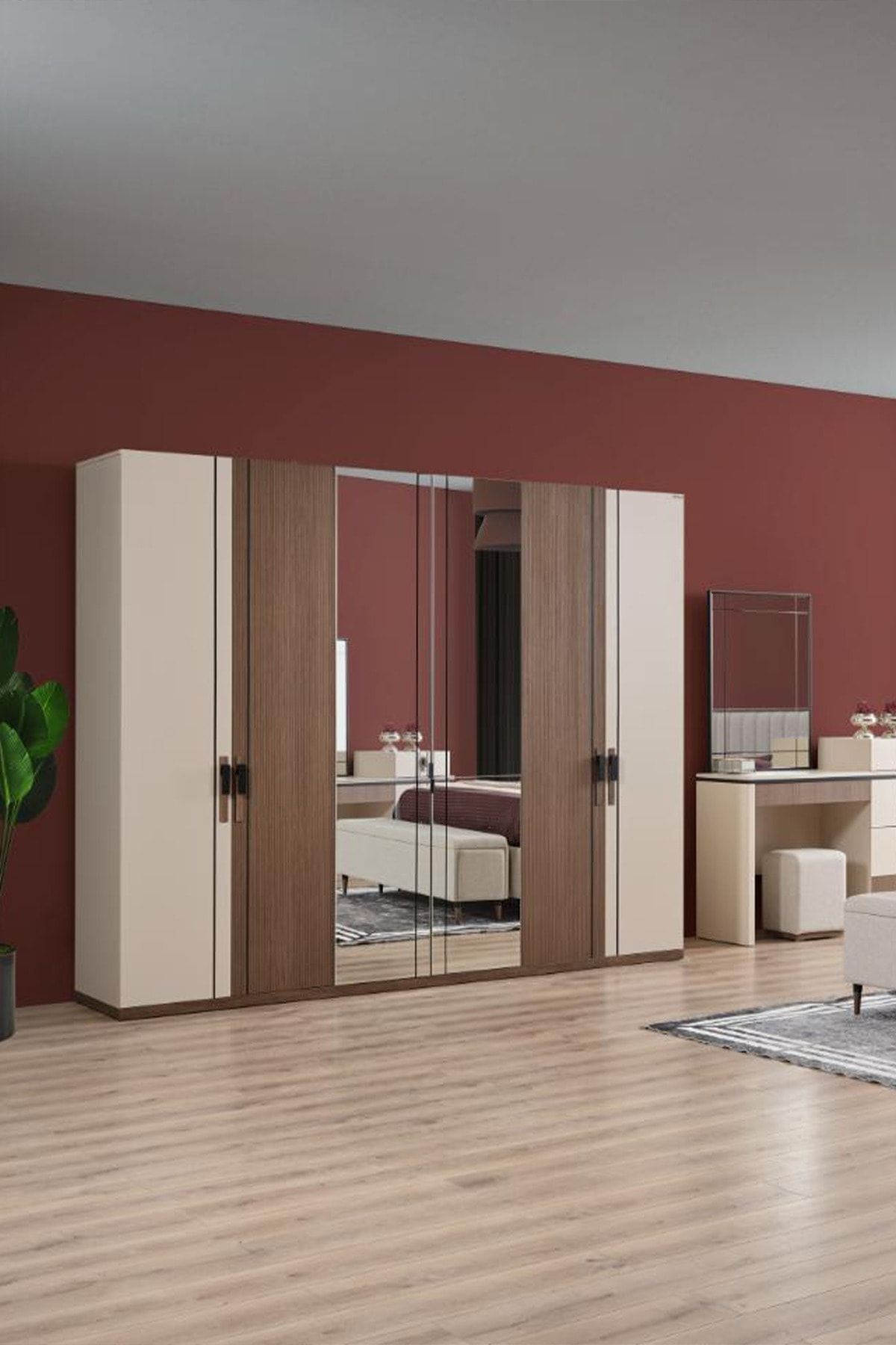 Viva Gardırop 6 Kapaklı Dolap Elbise Dolabı Gold Yatak Odası Modern Aynalı Gardırop