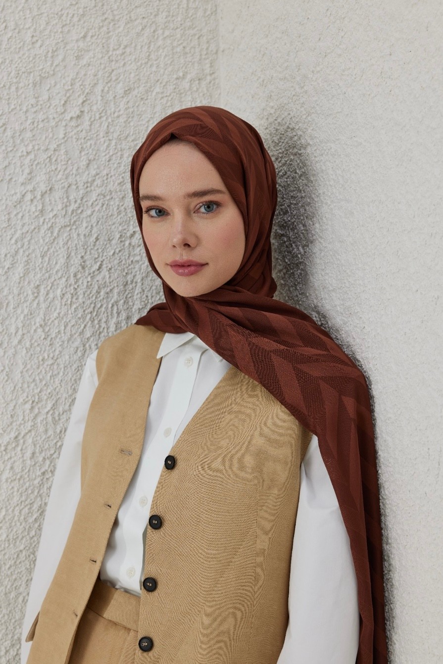 Balık Sırtı Desen Jakar Şal - Çikolata Kahve