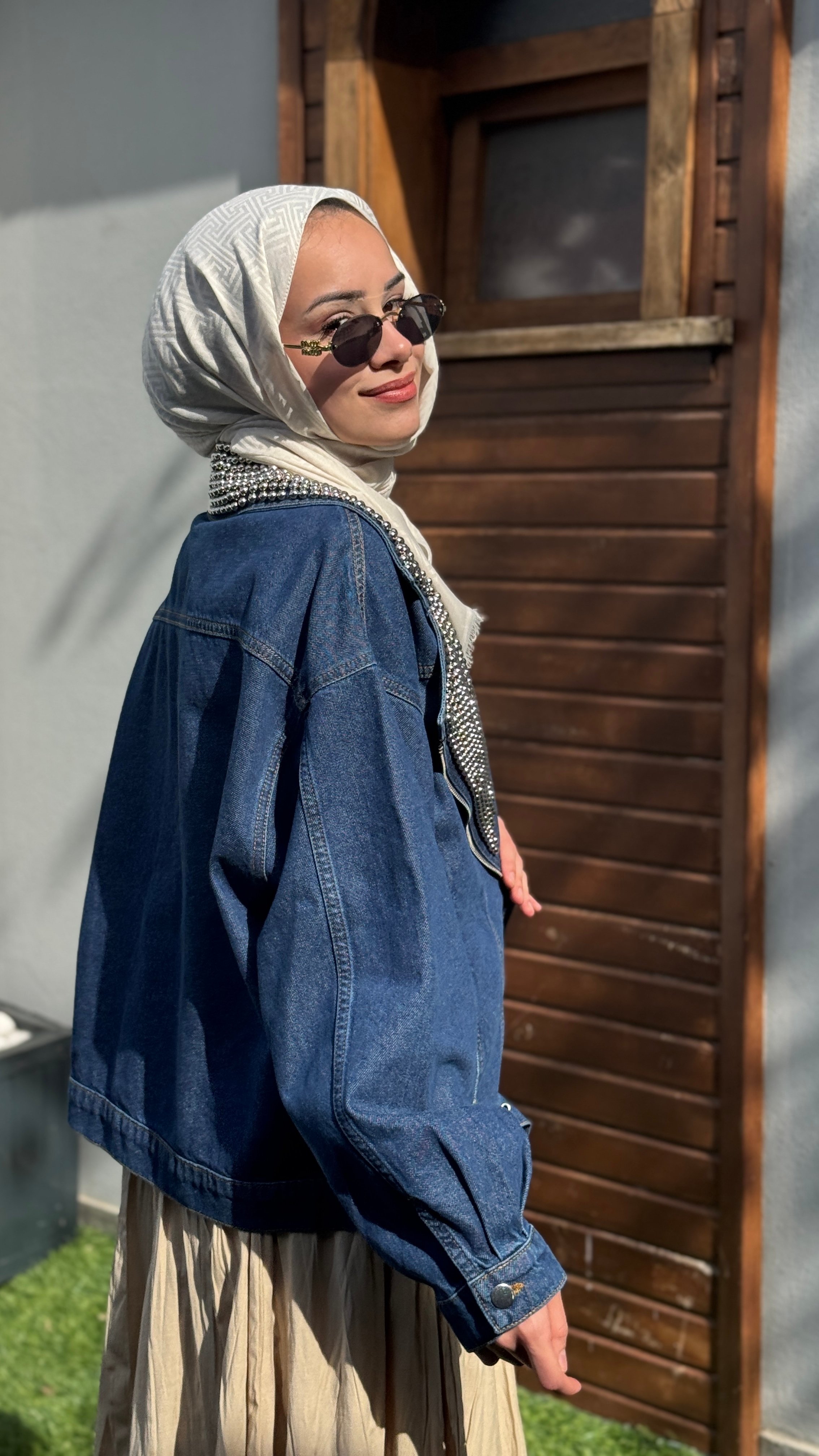 Gümüş İnci Çakmalı Kot Ceket