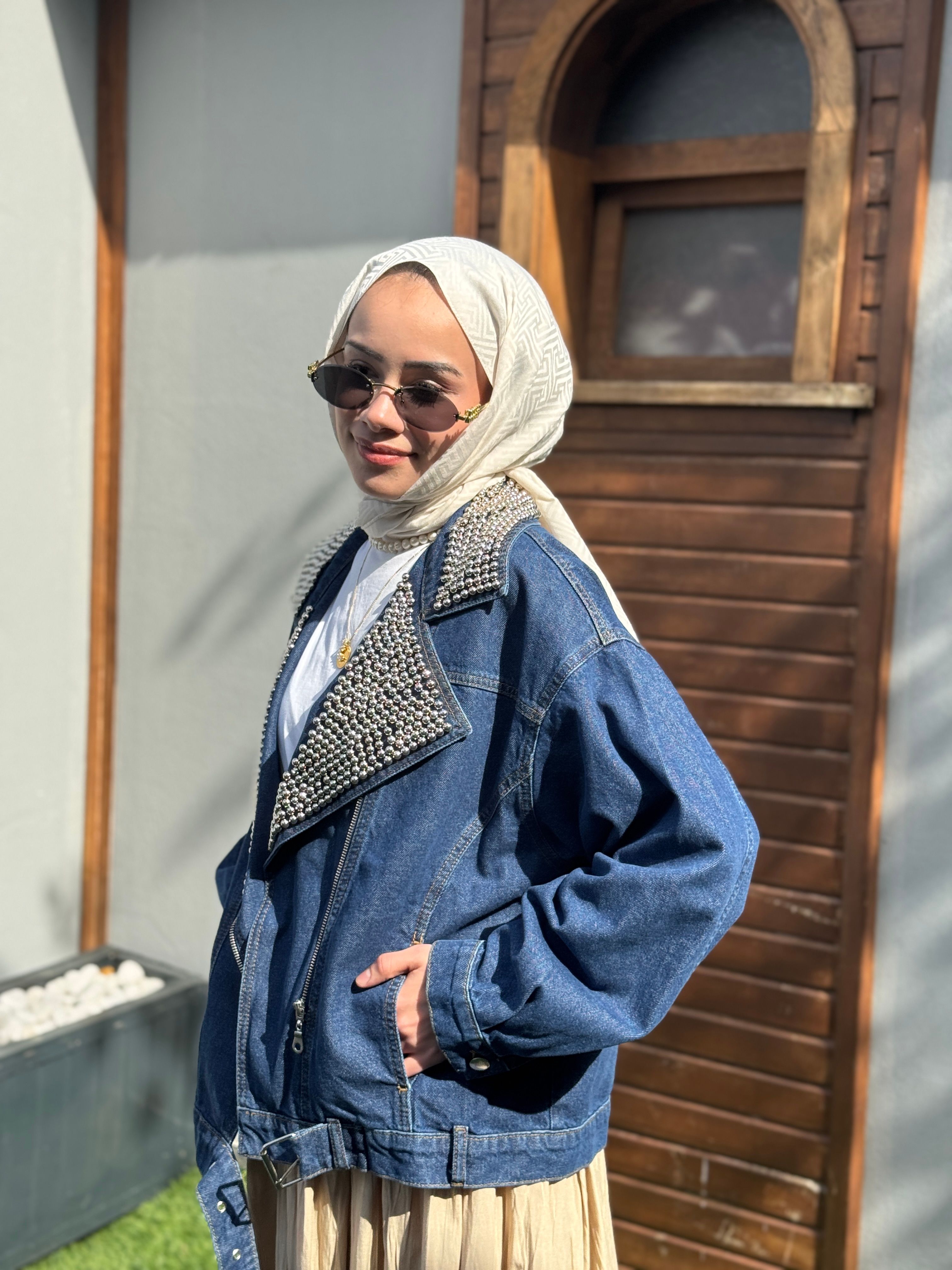 Gümüş İnci Çakmalı Kot Ceket - Koyu Kot Mavi