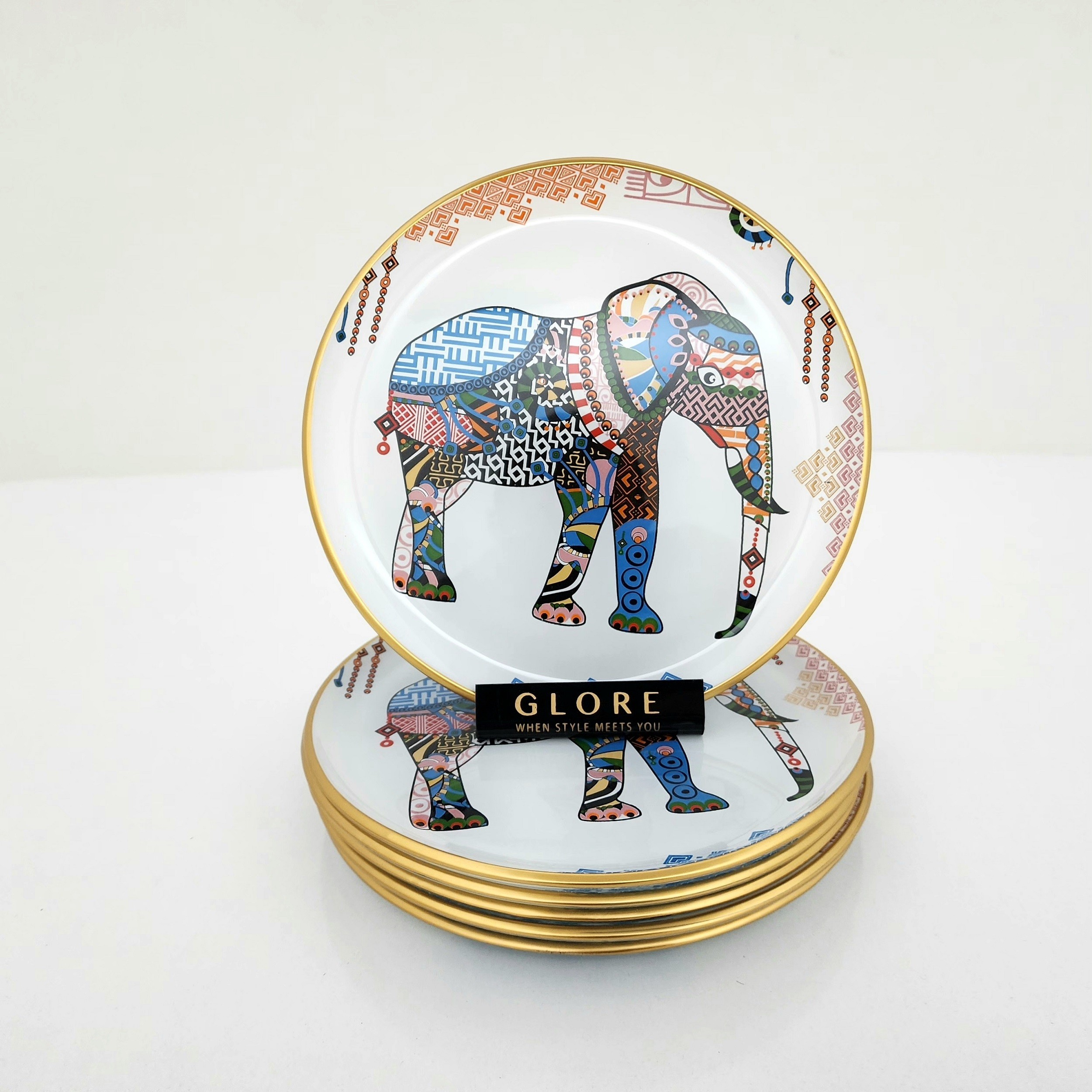 Glore Elephant Altın Yaldızlı Cam Pasta Tabağı Takımı