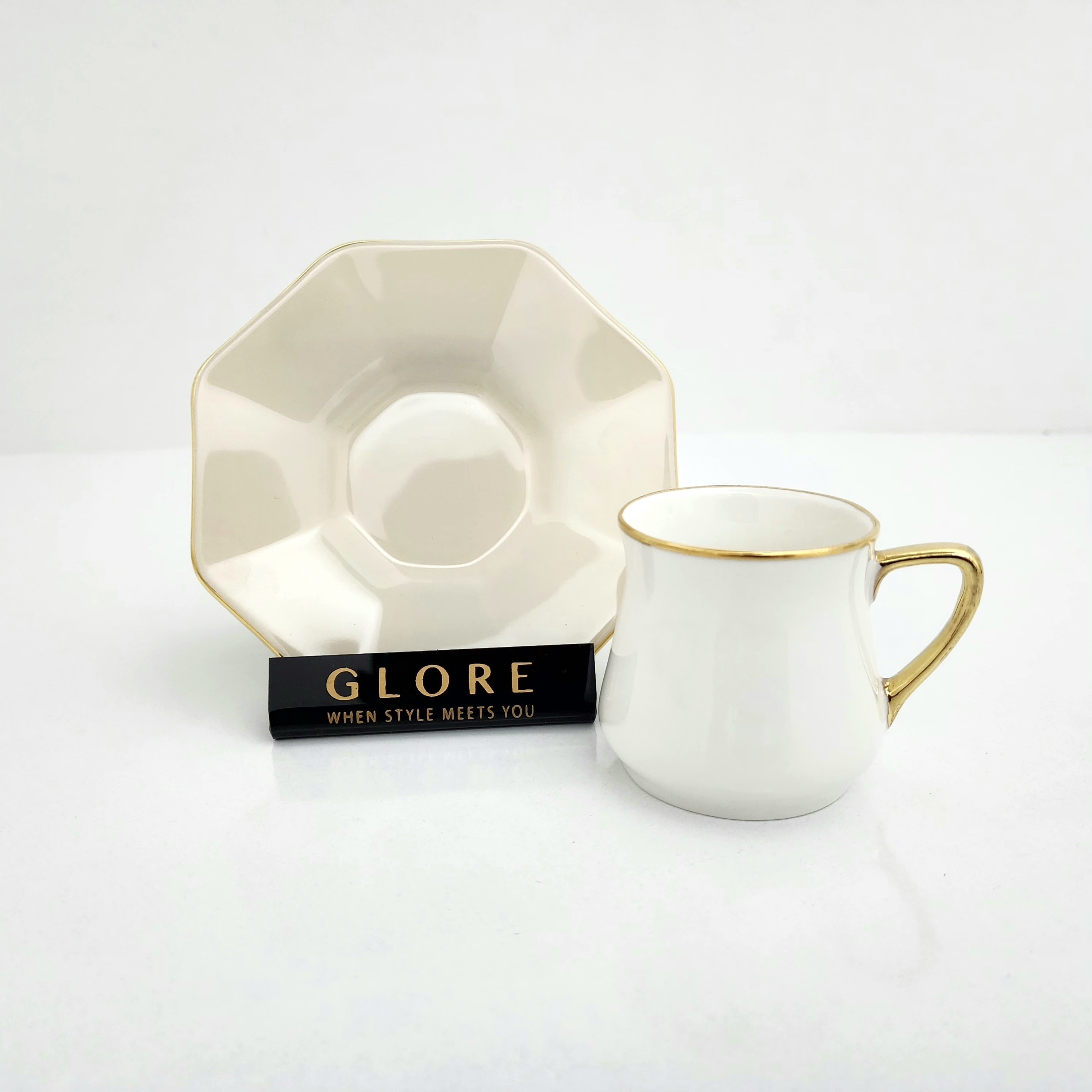 Glore Altıgen Krem Altın Yaldızlı Kahve Fincan Takımı