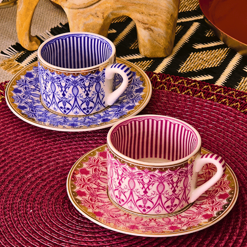 Sudedi Home Art Works Renkli 2 Kişilik Porselen Fincan Takımı (Mavi-Pembe)
