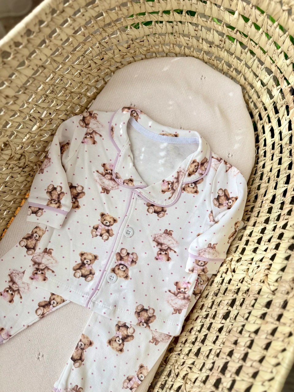 Kız Bebek Ayıcıklı Biyeli Gömlekli Pijama Takımı