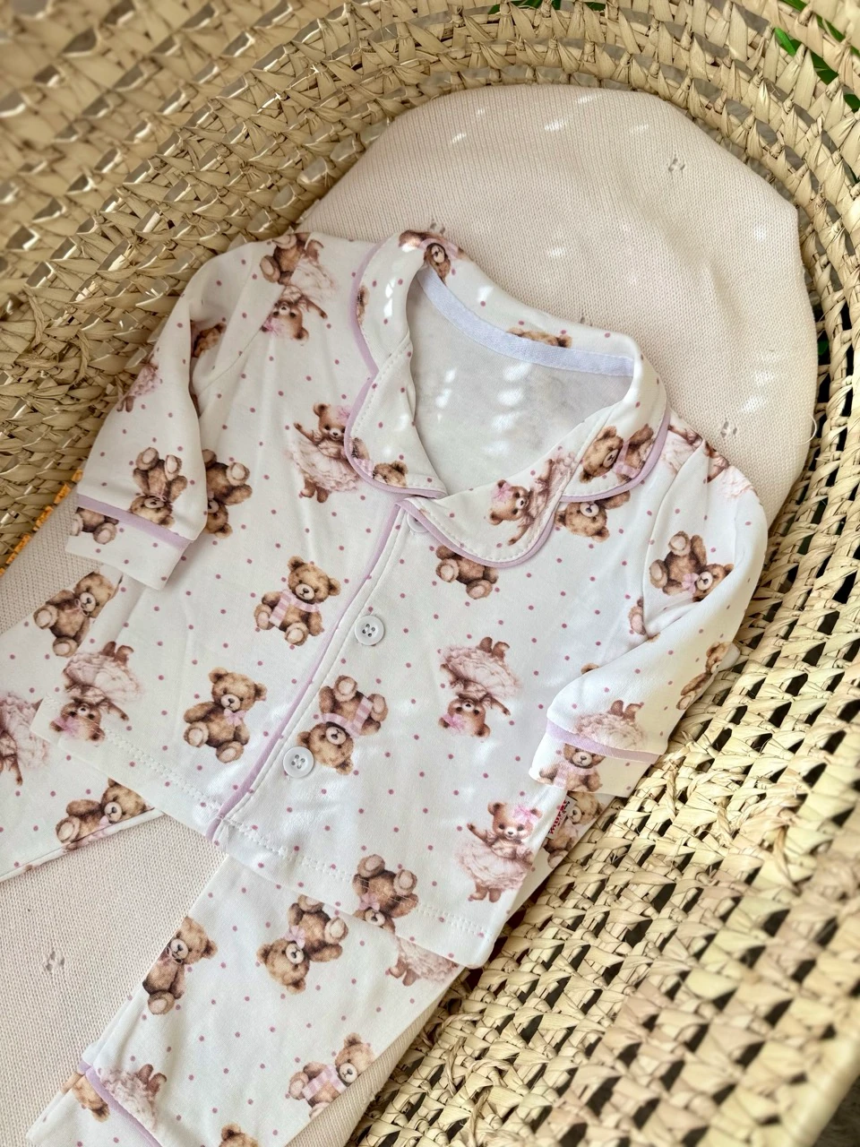 Kız Bebek Ayıcıklı Biyeli Gömlekli Pijama Takımı