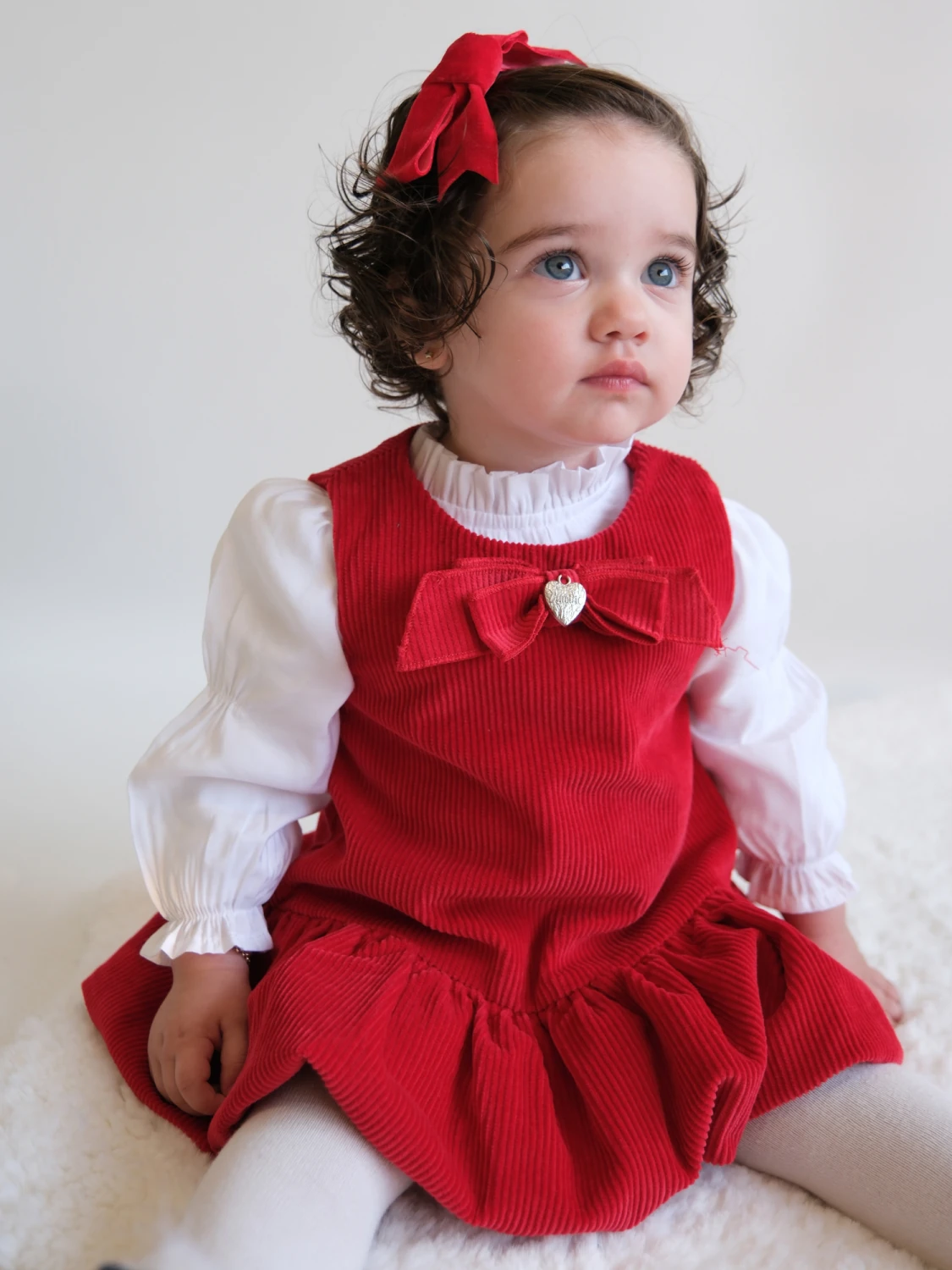 Kız Bebek Kırmızı Kadife Kumaş Ilenıa 2li Kurdeleli Gömlek Elbise Takım