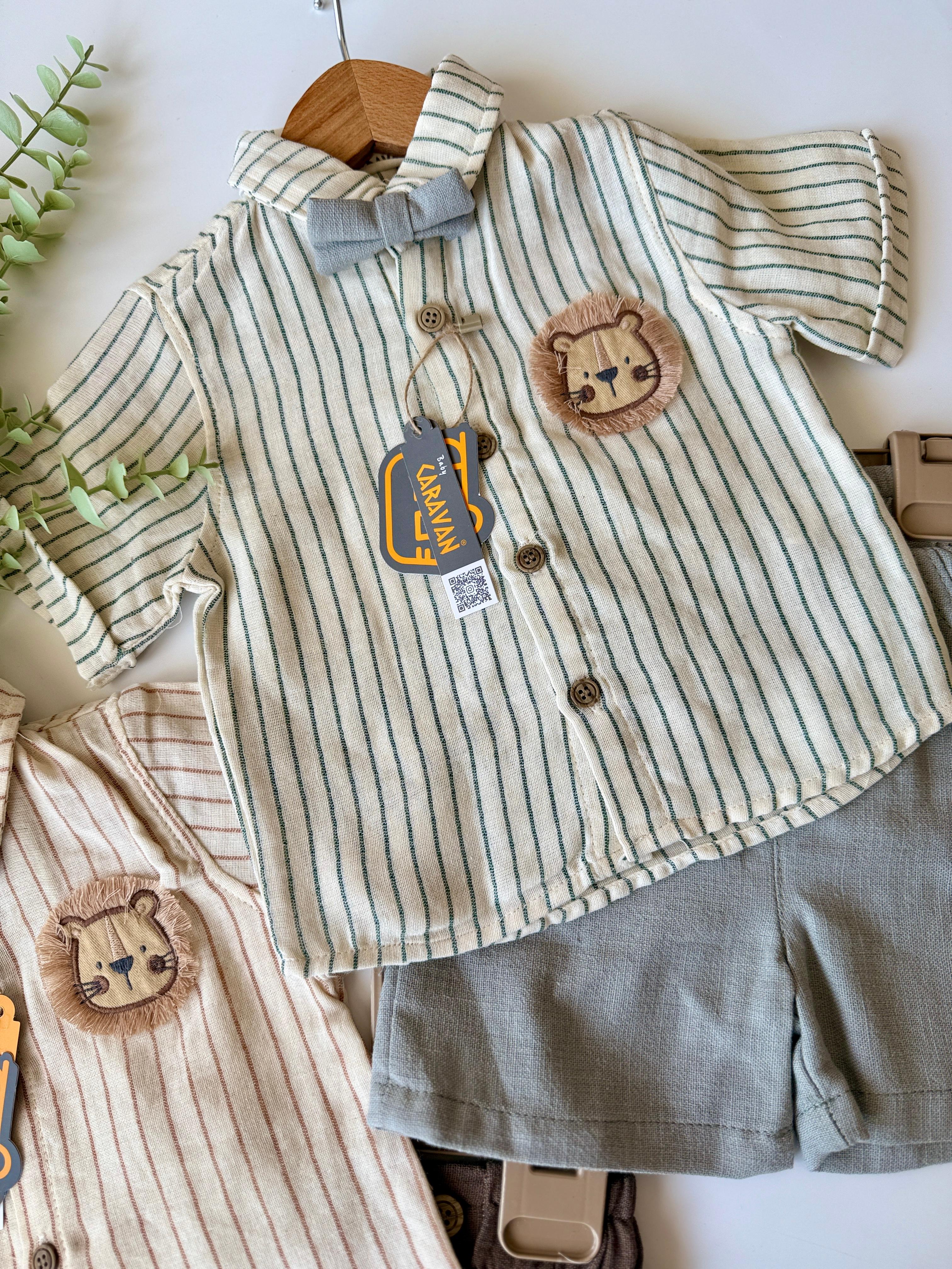 Erkek Bebek Yeşil Süzene Ayıcıklı Papyonlu Şortlu Takım