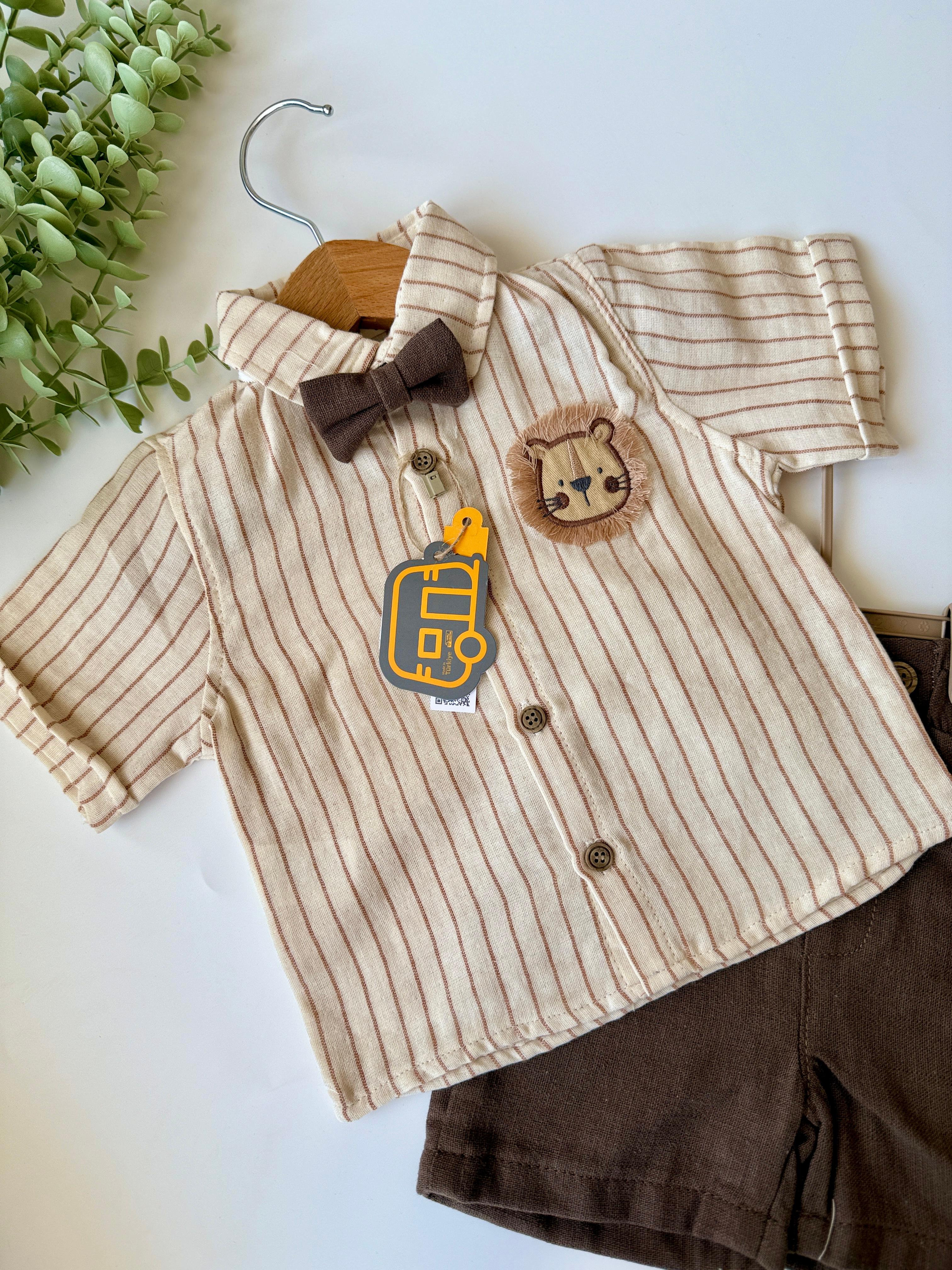 Erkek Bebek Kahve Süzene Ayıcıklı Papyonlu Şortlu Takım