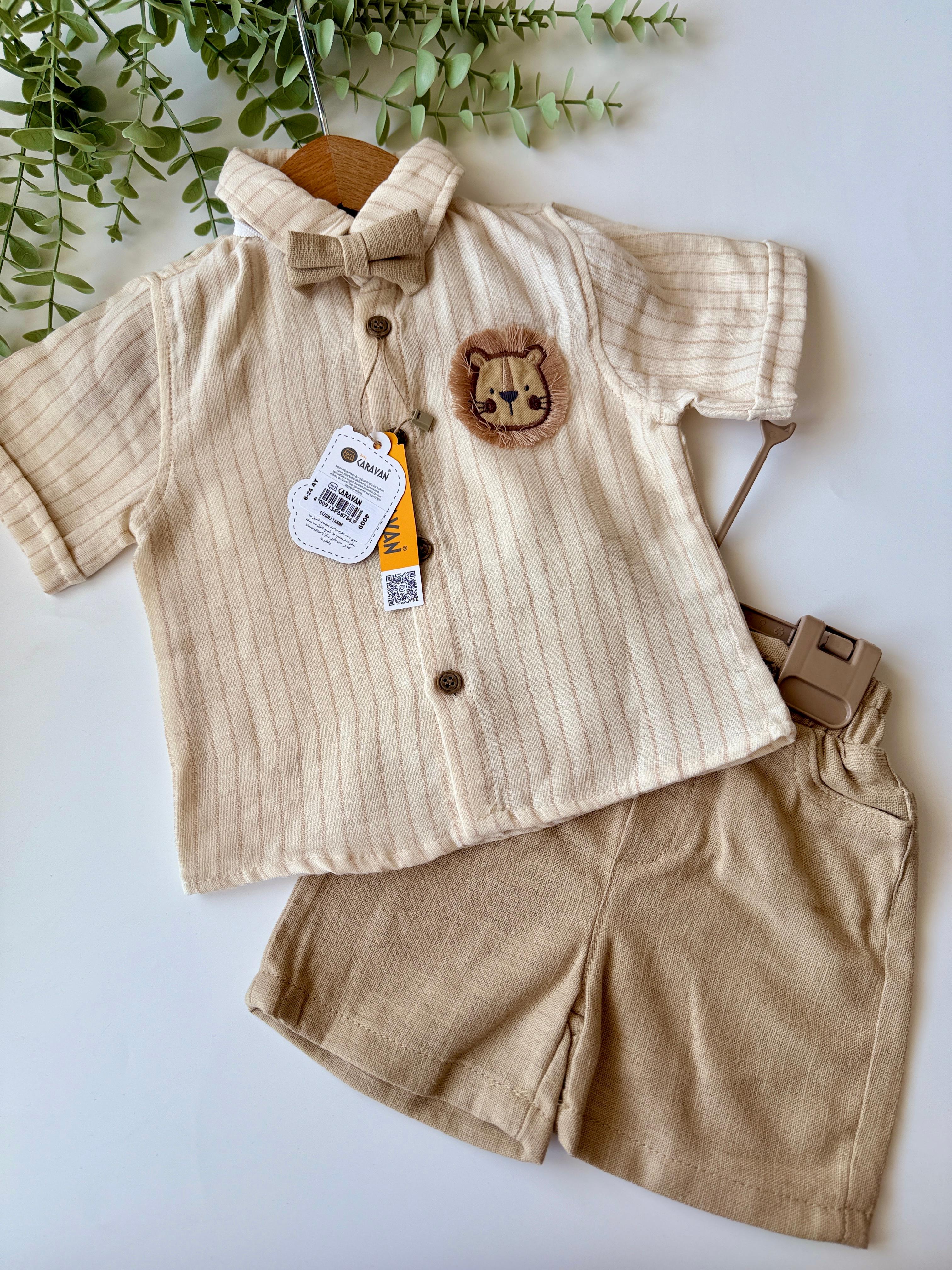 Erkek Bebek Camel Süzene Ayıcıklı Papyonlu Şortlu Takım