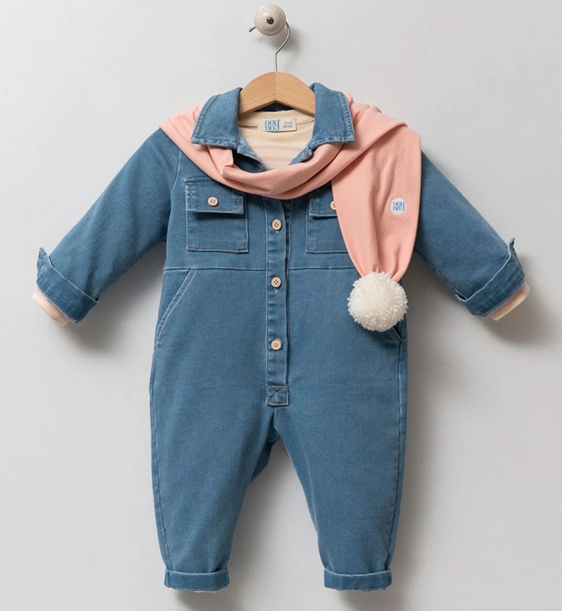 Kız Bebek Pembe Atkılı Denim Tulum Çizgili Tshirt Takım