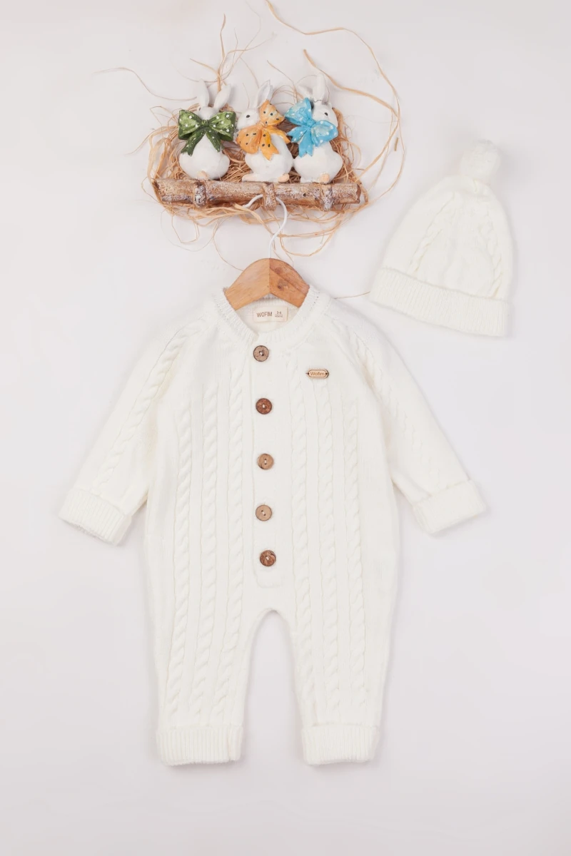 Unisex Krem Düğmeli Triko Tulum Şapka Seti