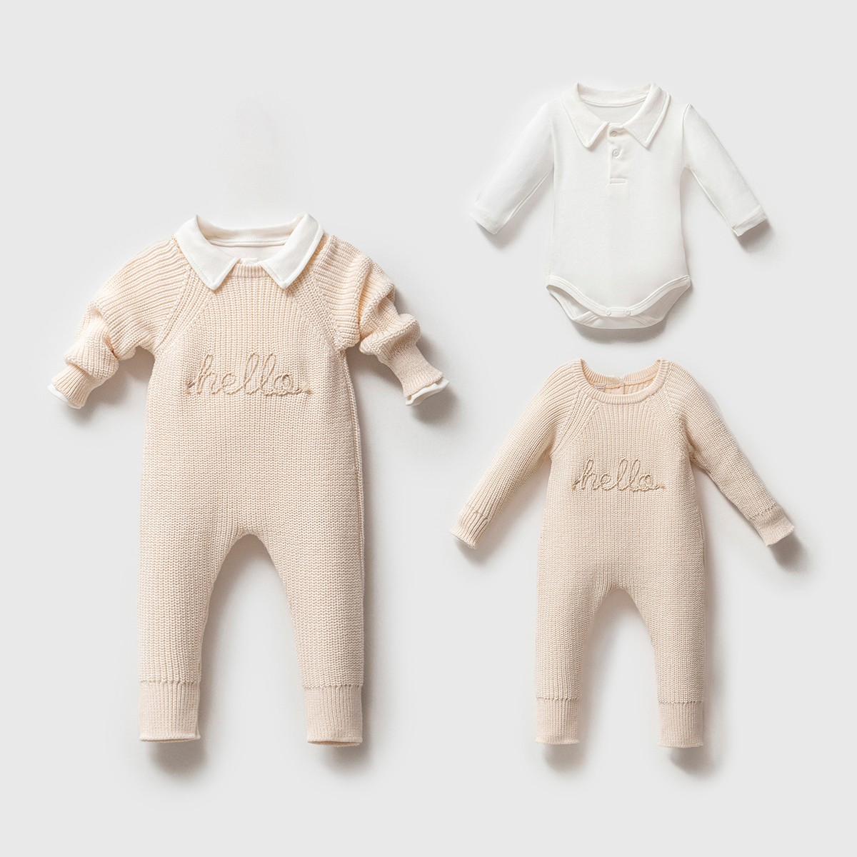 Unisex Premium Krem Hello Worl Nakışlı Tulum Zıbın Seti