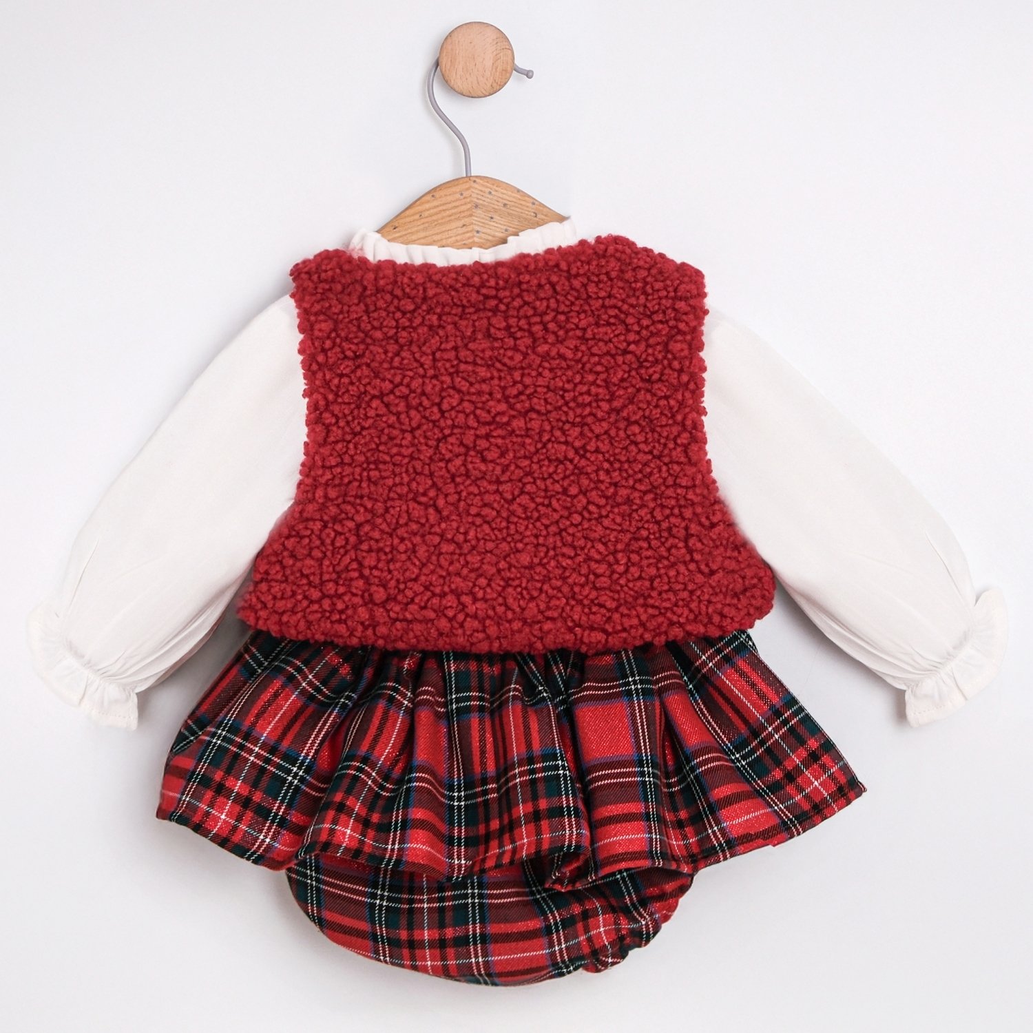 Kız Bebek Kırmızı Peluş Yelekli Ekose Desen 3lü Kız Takım 