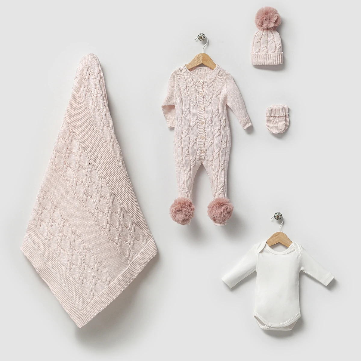 Kız Bebek 0-3 Ay Pembe Organik Pamuk Triko Ponponlu 5li Set