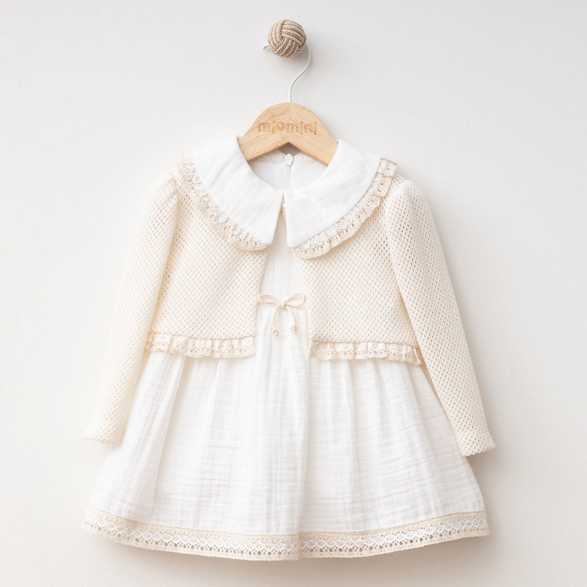 Kız Bebek Premium Ekru Fileli Bolerolu Soft Naturel Elbise