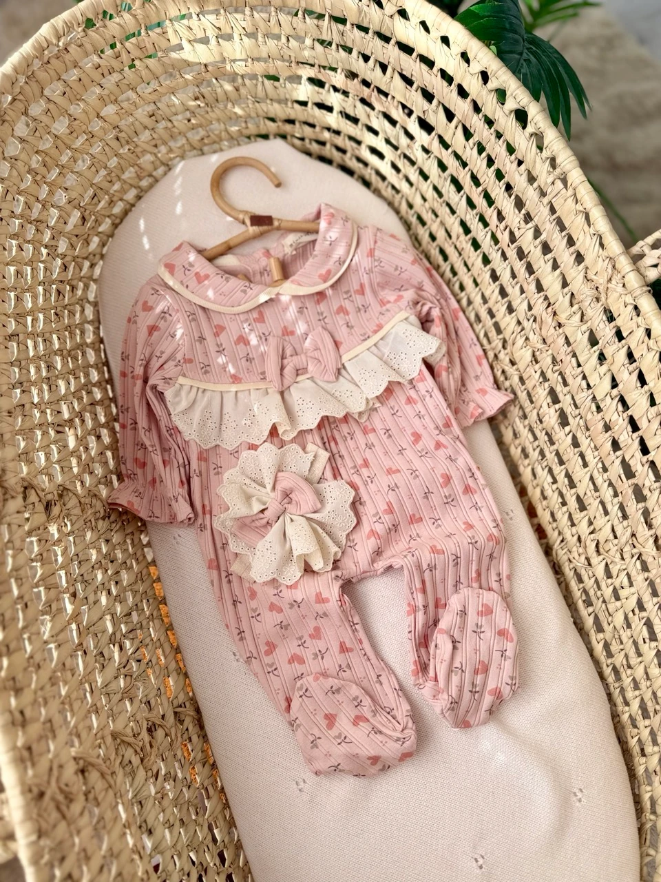 Kız Bebek %100 Pamuk Love Flower Gül Kurusu Saç Bantlı Tulum 