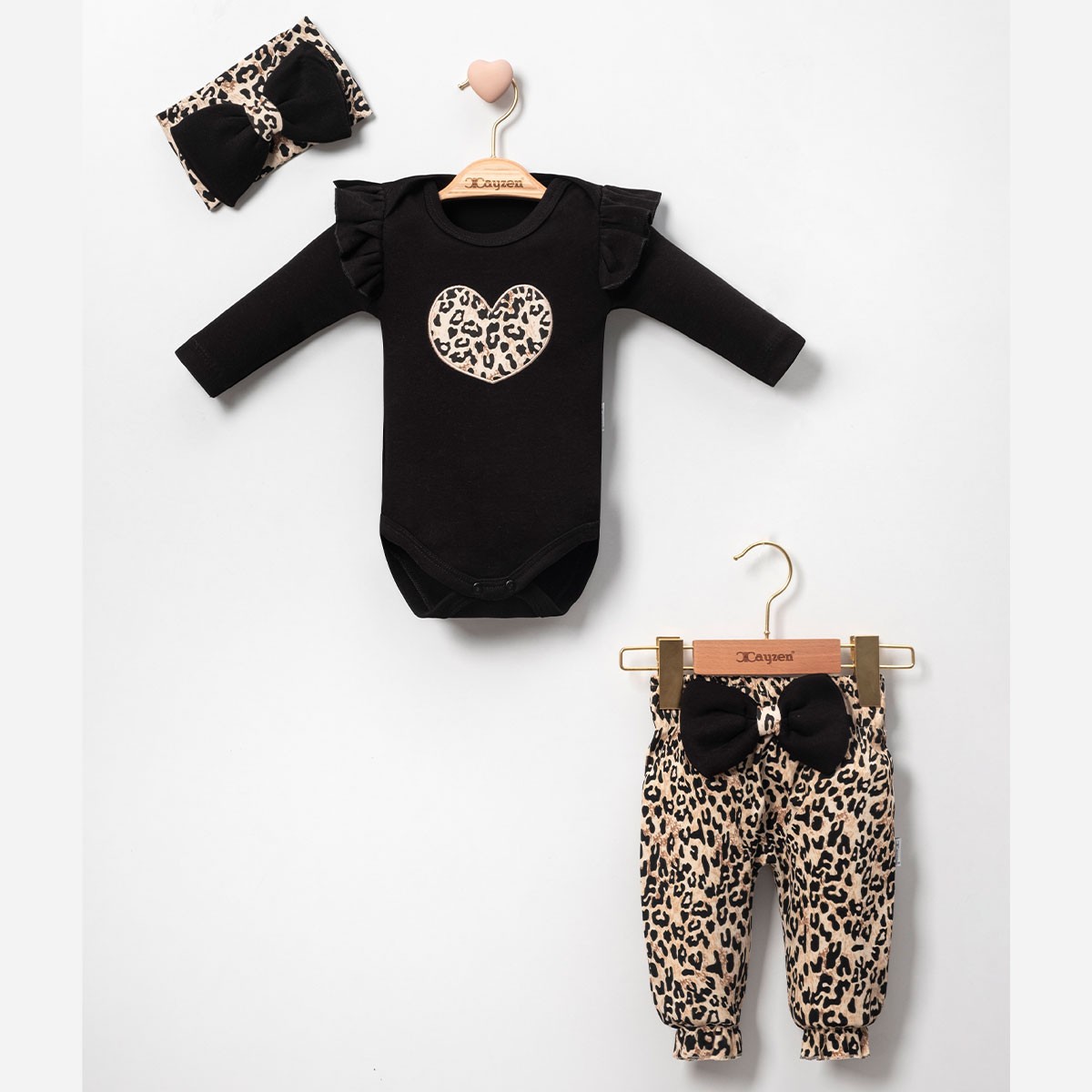 Kız Bebek Siyah Kalpli Leopar 3lü Takım