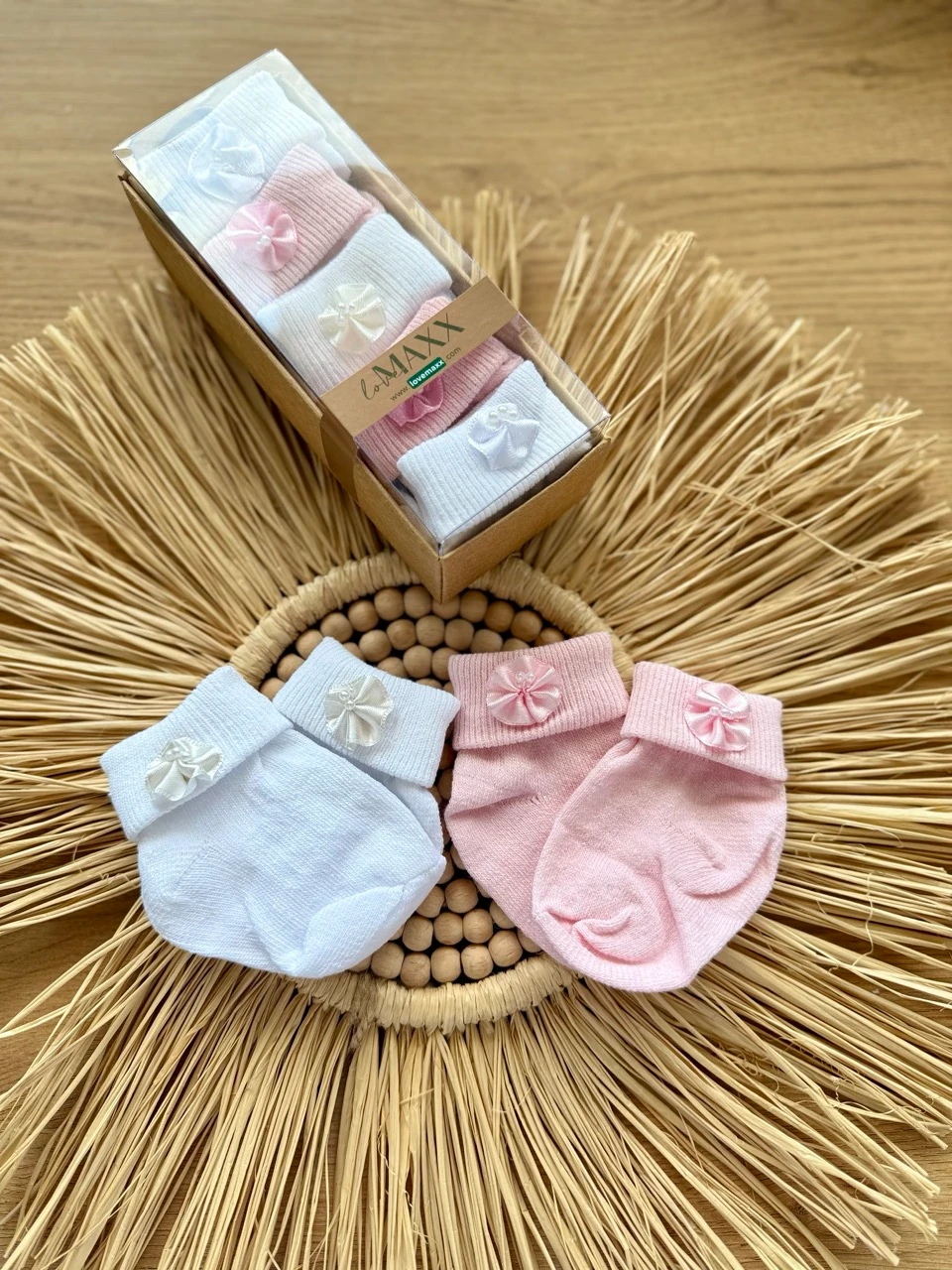 Kız Bebek 0-6 Ay Pembe Ve Beyaz Süslü 5li Çorap Seti 