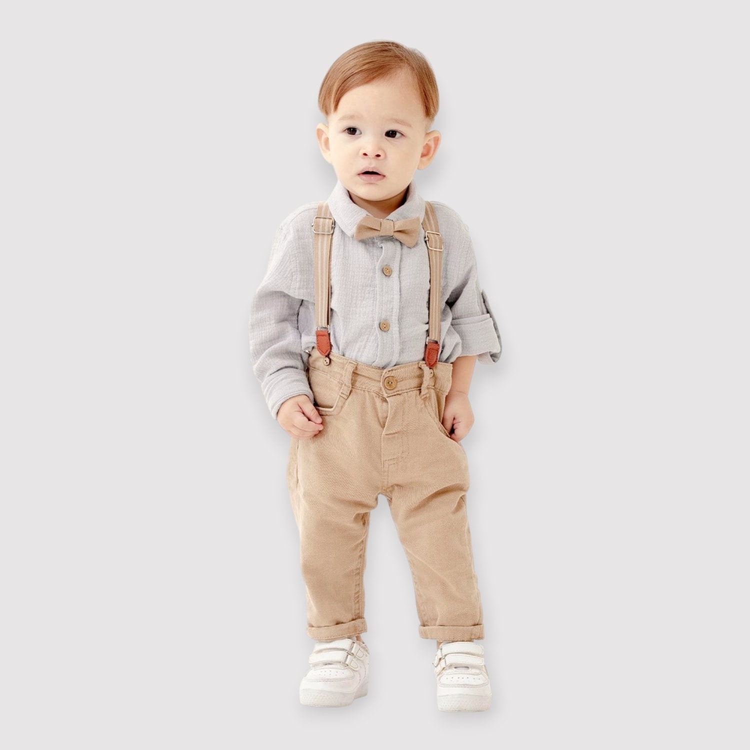 Erkek Bebek Gri Bahçıvan Askılı Papyonlu 2li Takım