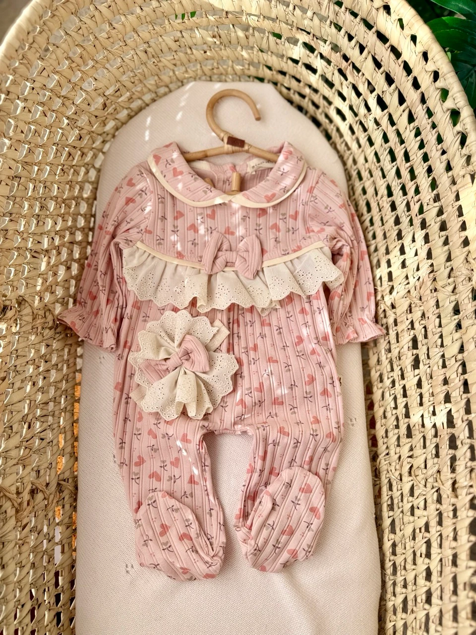 Kız Bebek %100 Pamuk Love Flower Gül Kurusu Saç Bantlı Tulum 