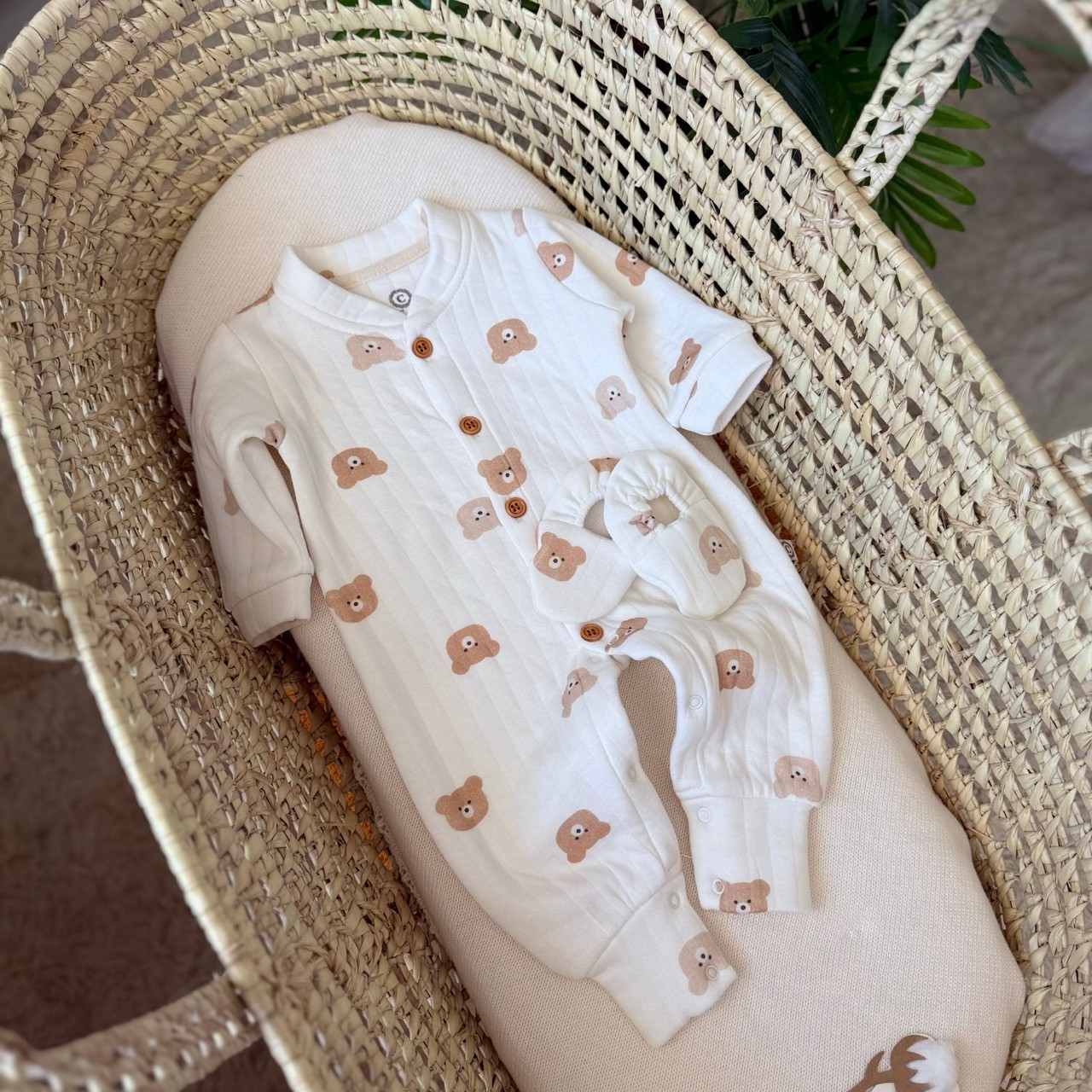 Unisex Ayıcık Desenli Kapitone Patikli Tulum