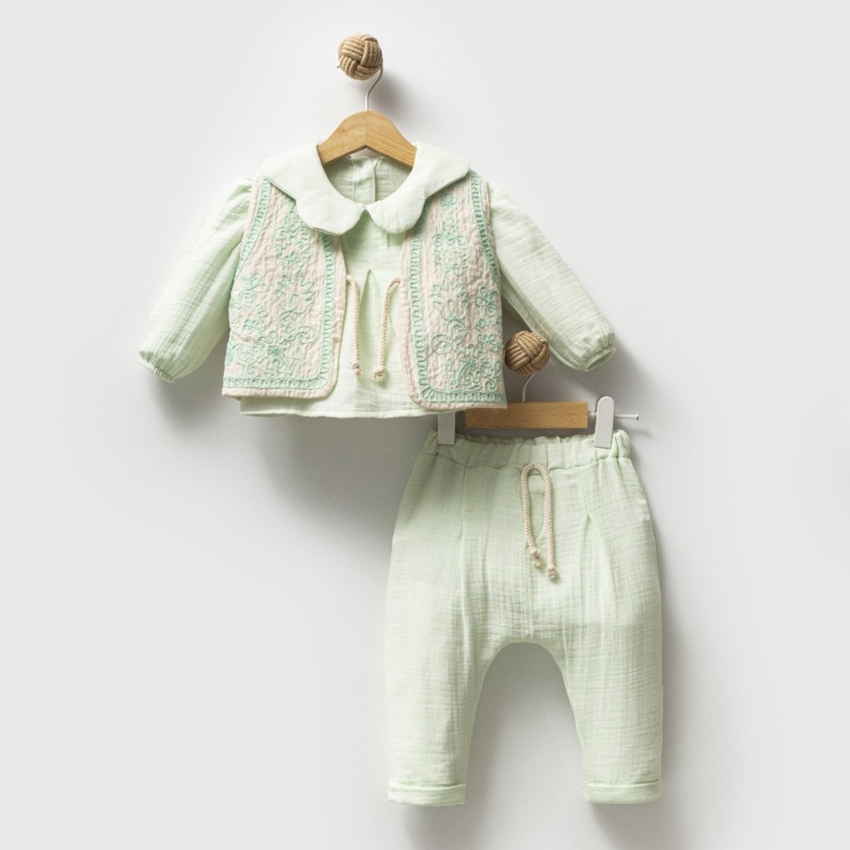 Kız Bebek Mint Tasarım Yelekli Müslin 3lü Takım