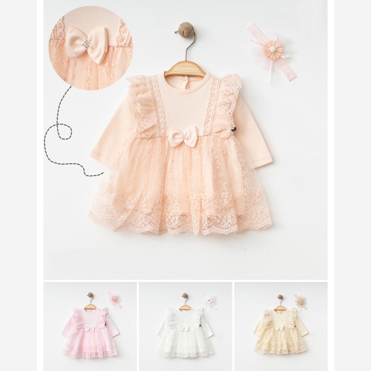 Kız Bebek Dantelli Fiyonklu Pembe Elbise
