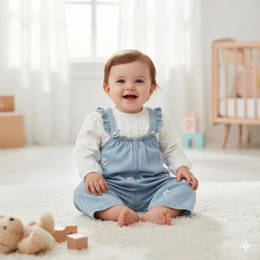 Kız Bebek Papatyalı Kot Salopet Ve Fırfırlı Body 2li Takım