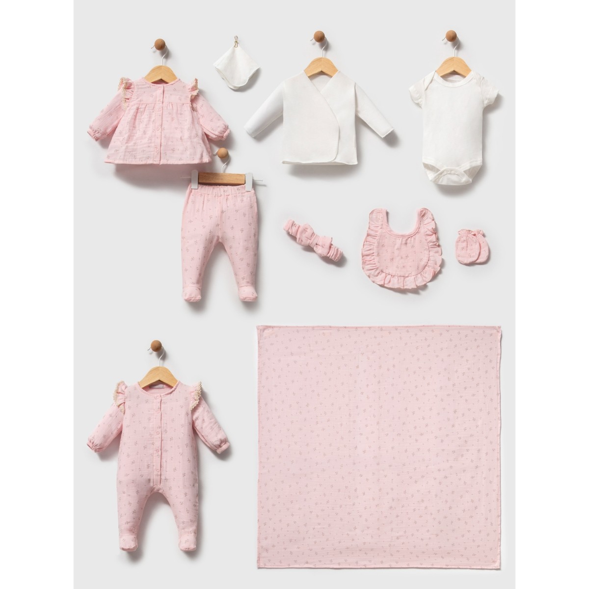 Kız Bebek Premium 0-3 Ay Pembe Çiçekli Müslin 10lu Set