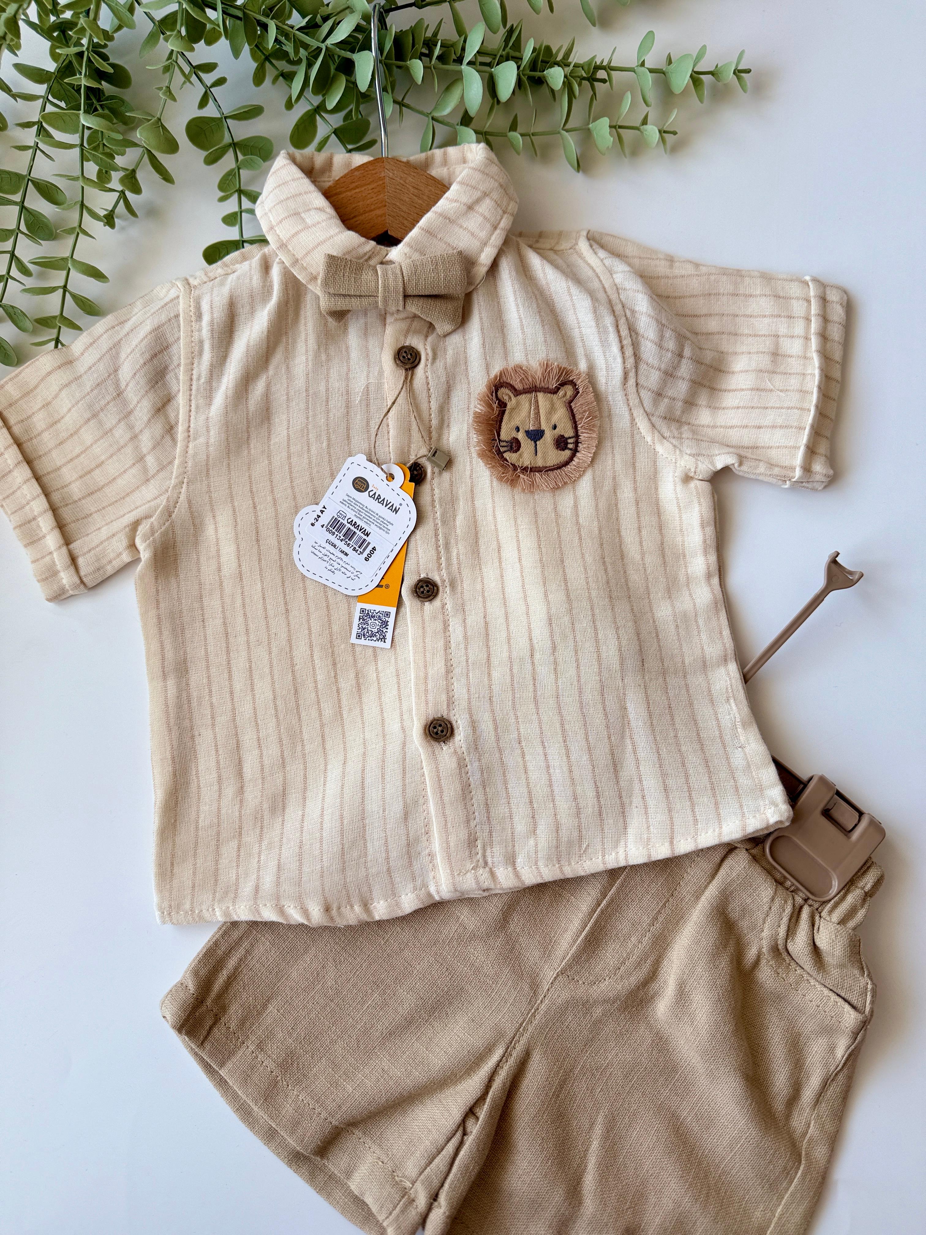 Erkek Bebek Camel Süzene Ayıcıklı Papyonlu Şortlu Takım