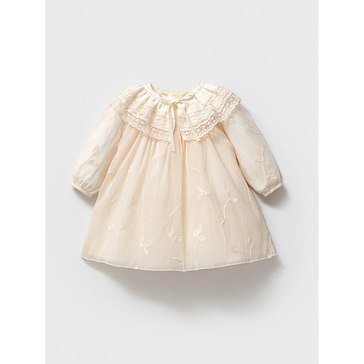 Kız Bebek Özel Çiçek Nakışlı Tül Kumaş Yakalı Elbise