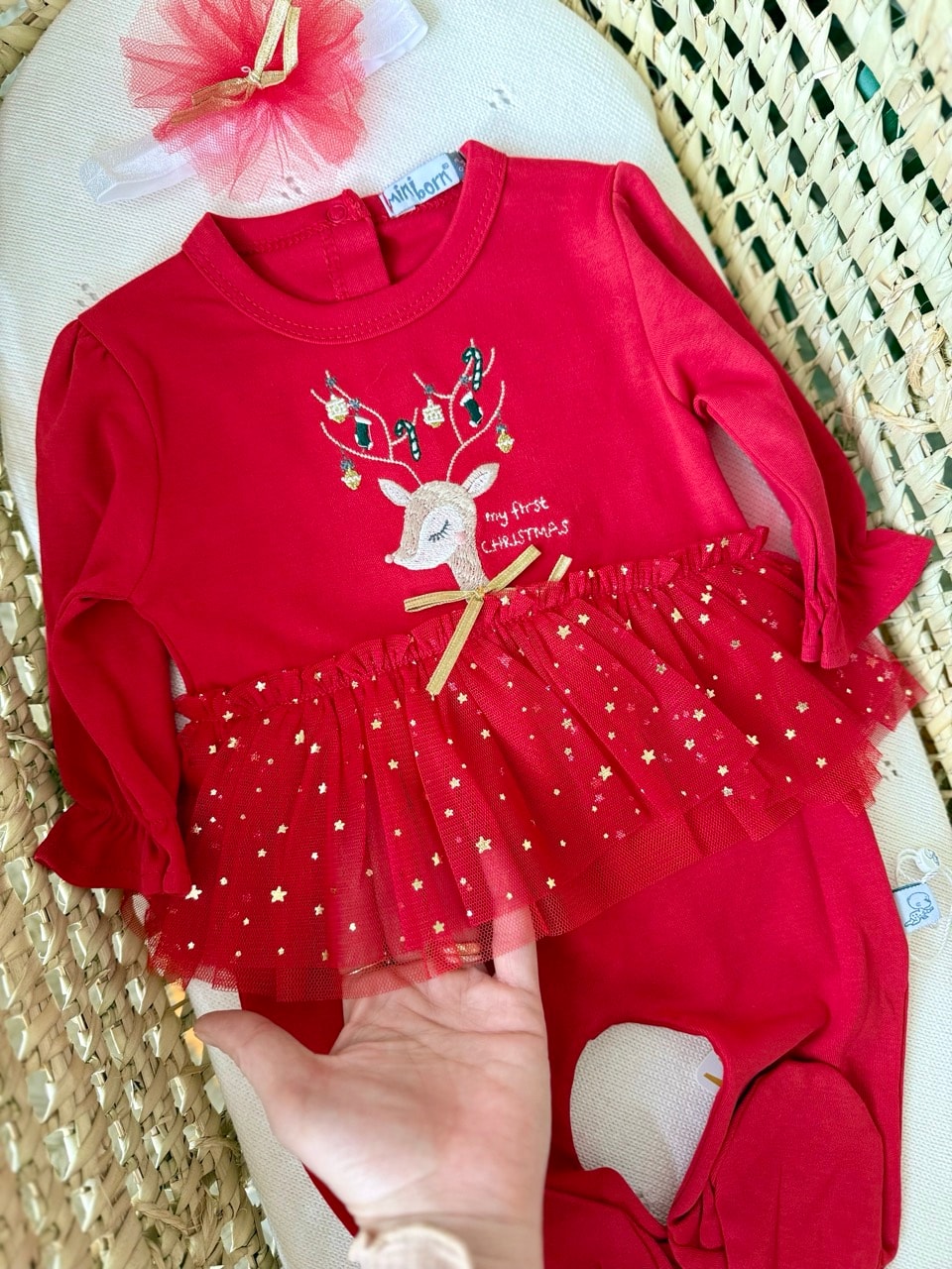 Kız Bebek Kırmızı İlk Yeni Yıl Geyik İşlemeli Yıldız Tütülü Tulum Bandana